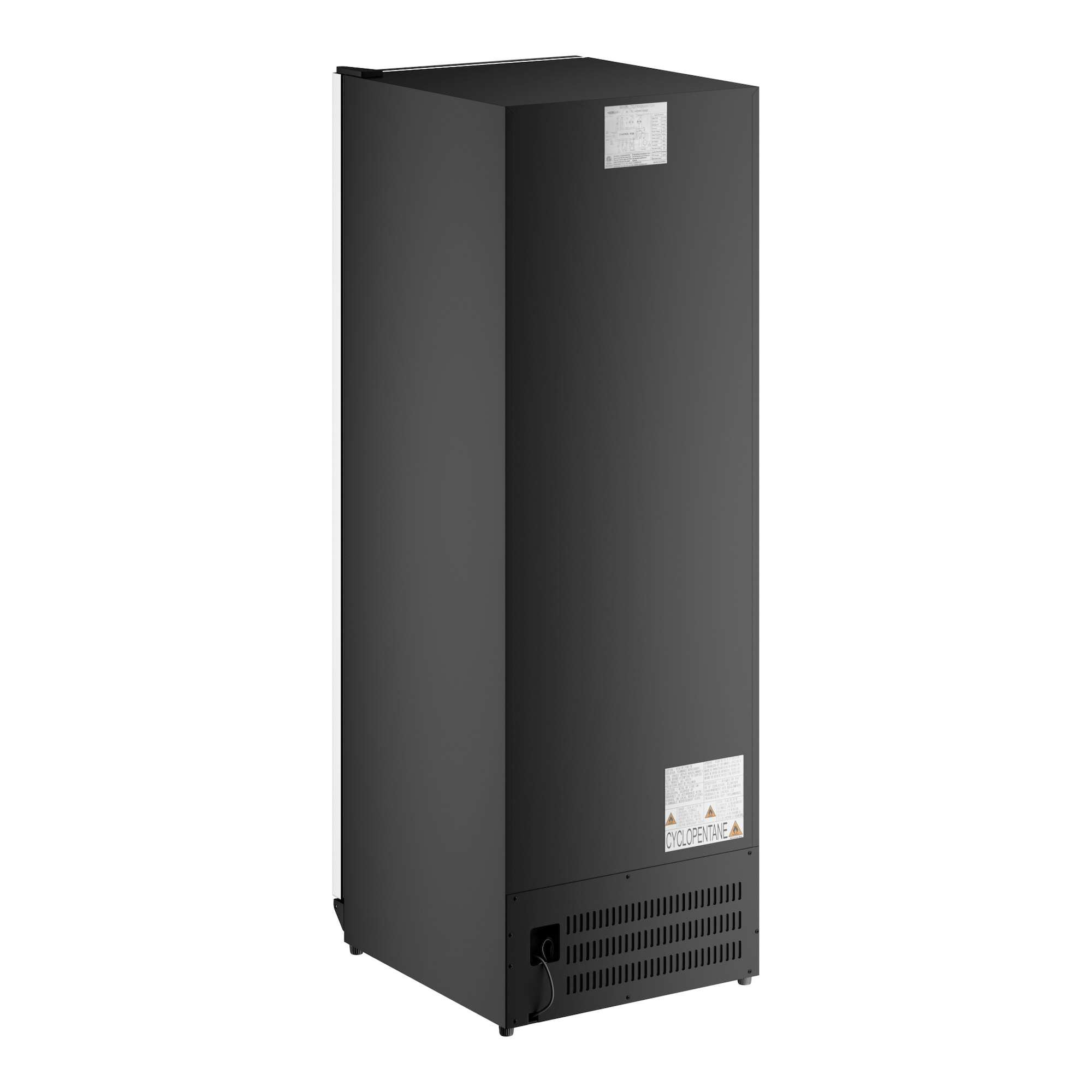 A tall, black, rectangular commercial wine cooler with a solid back panel and ventilation at the bottom.