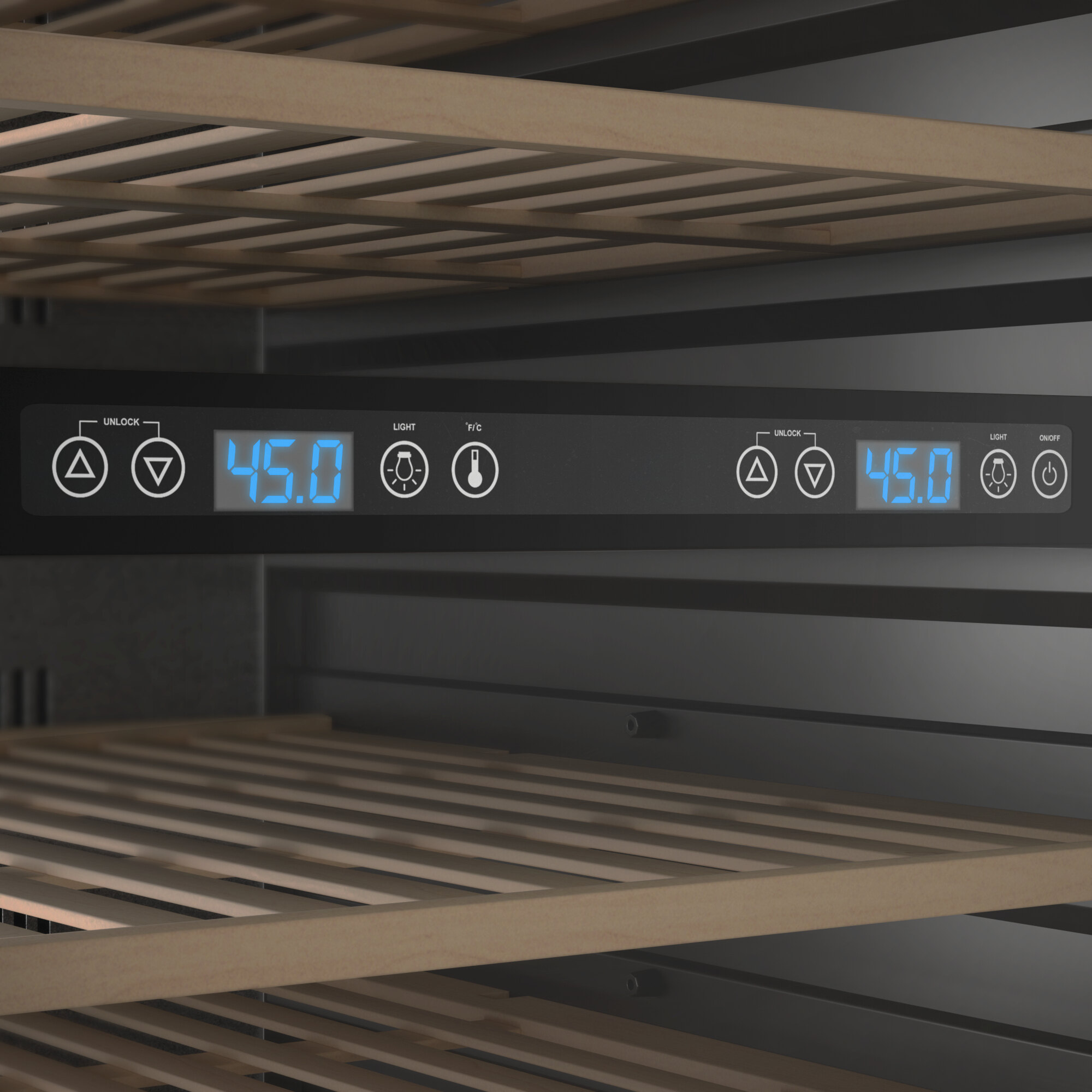 A dual temperature commercial wine cooler with digital controls and wooden shelves.