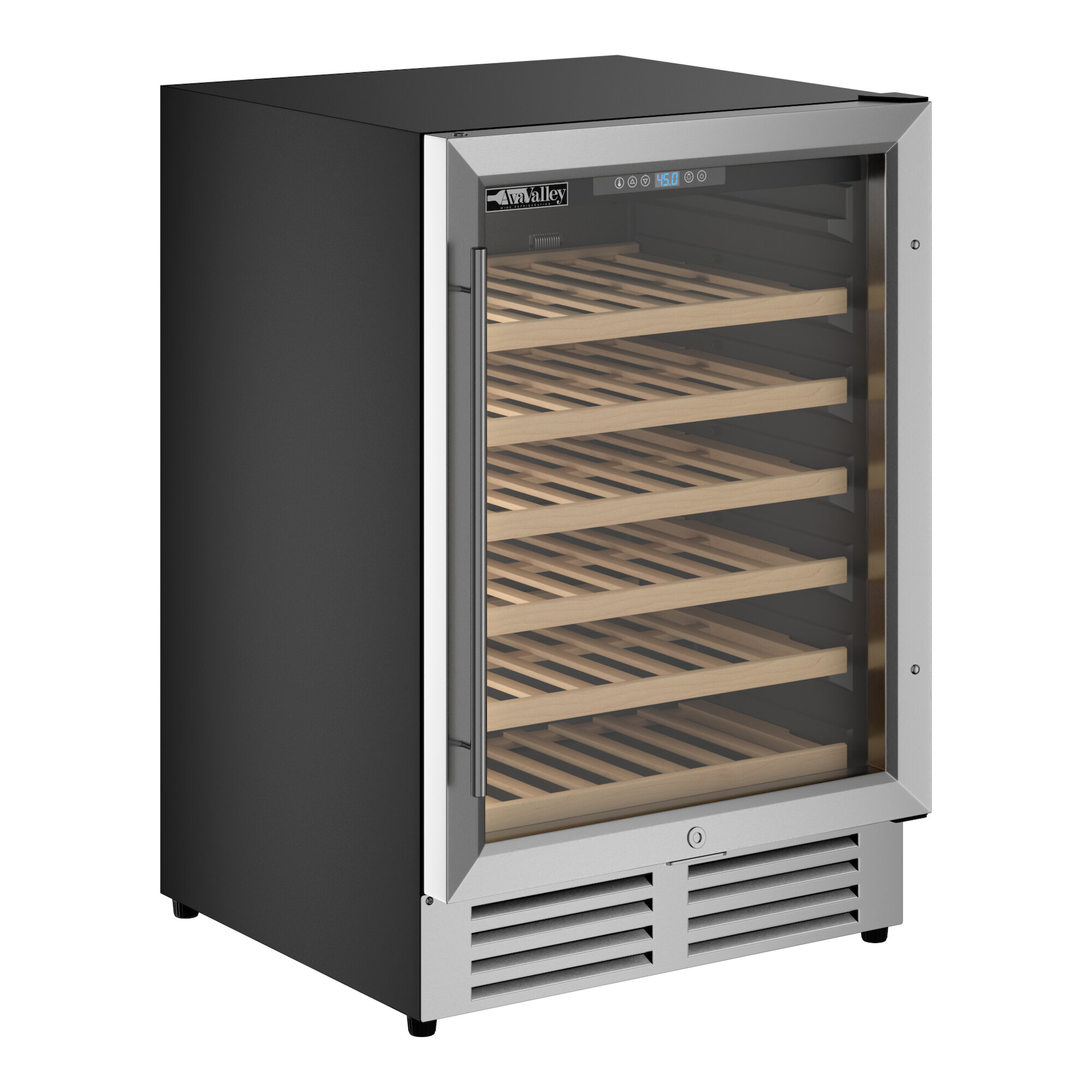 A commercial wine cooler with a glass door and multiple wooden shelves.