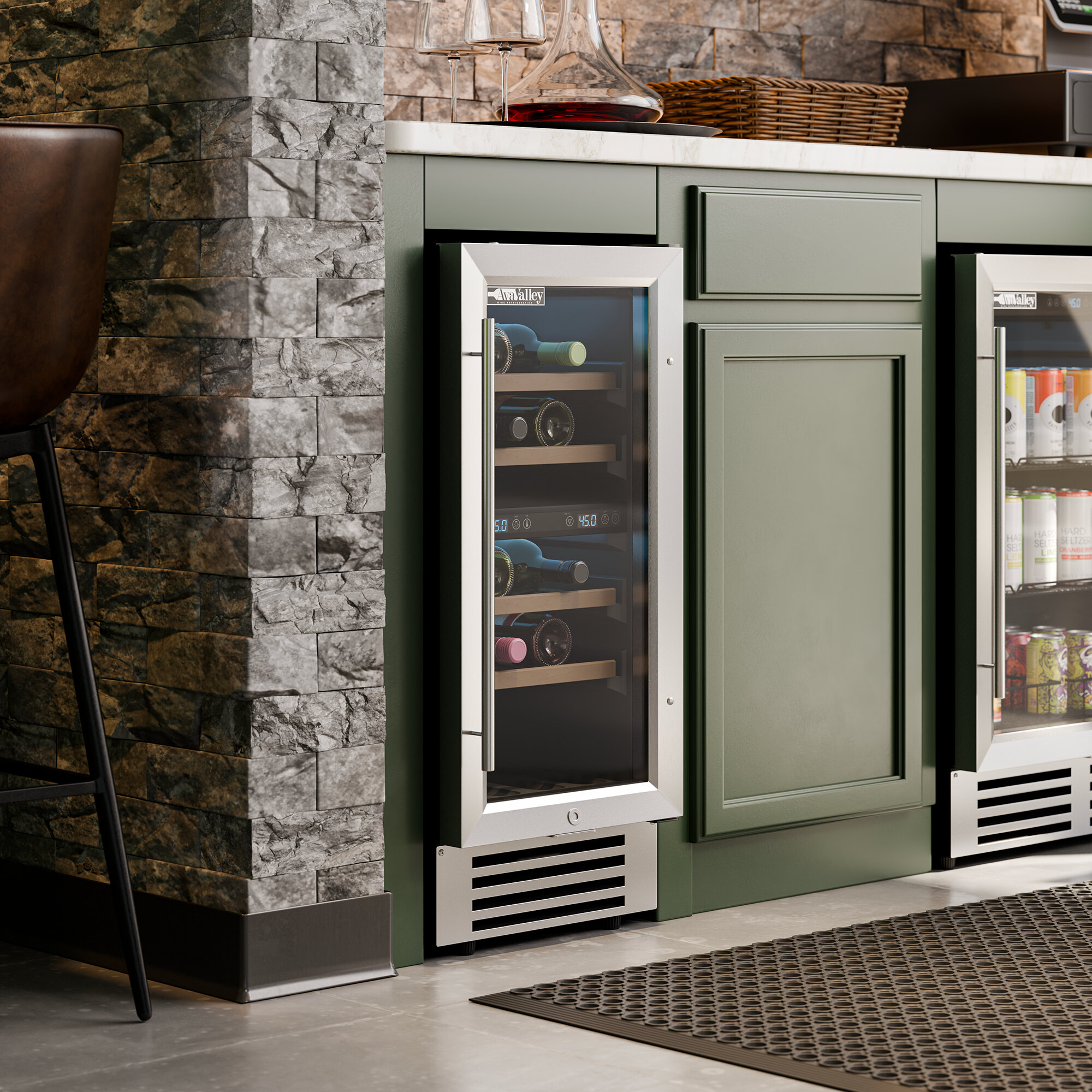 A stainless steel and glass door commercial wine cooler built into a green kitchen cabinet.
