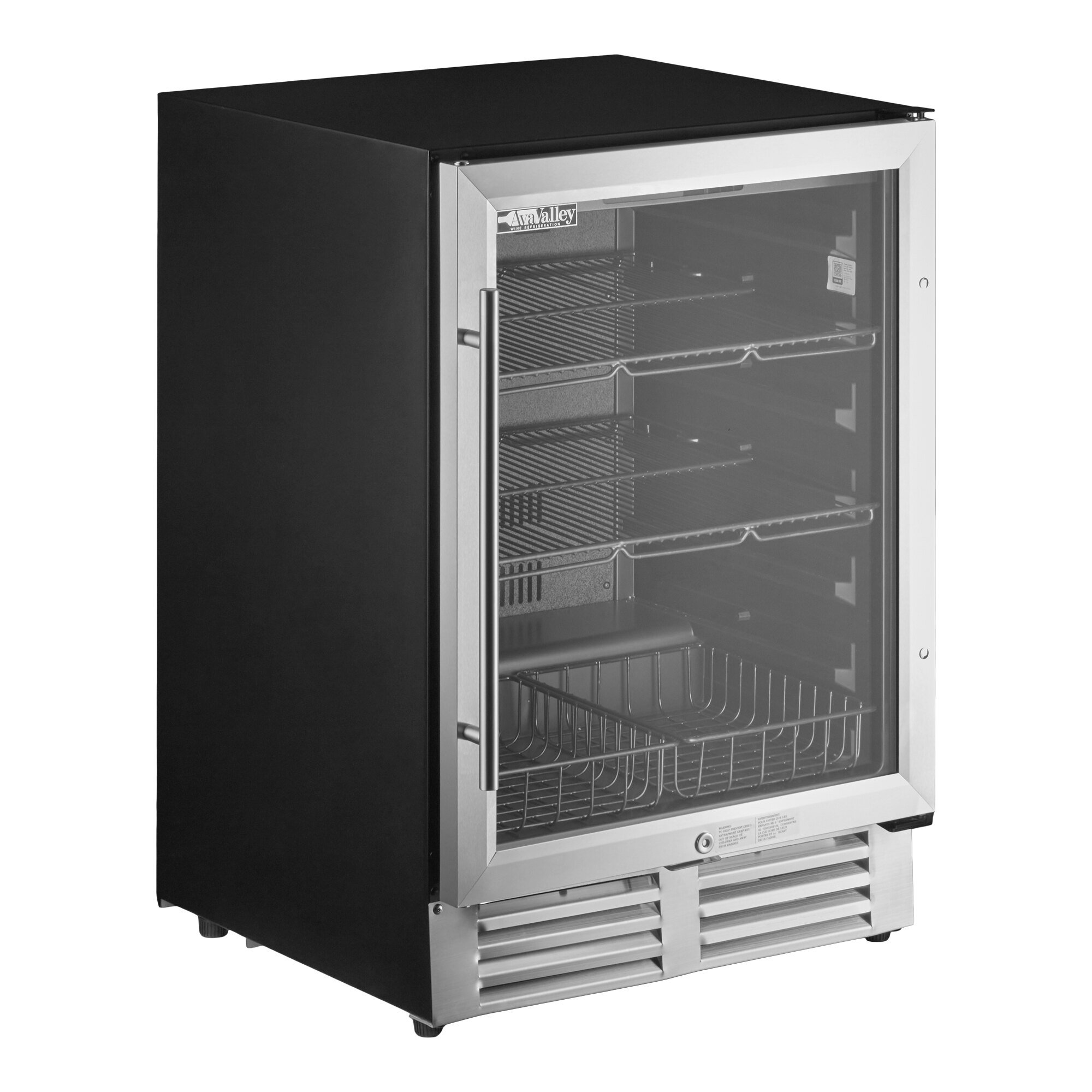 A stainless steel beverage cooler with a glass door and multiple wire shelves.