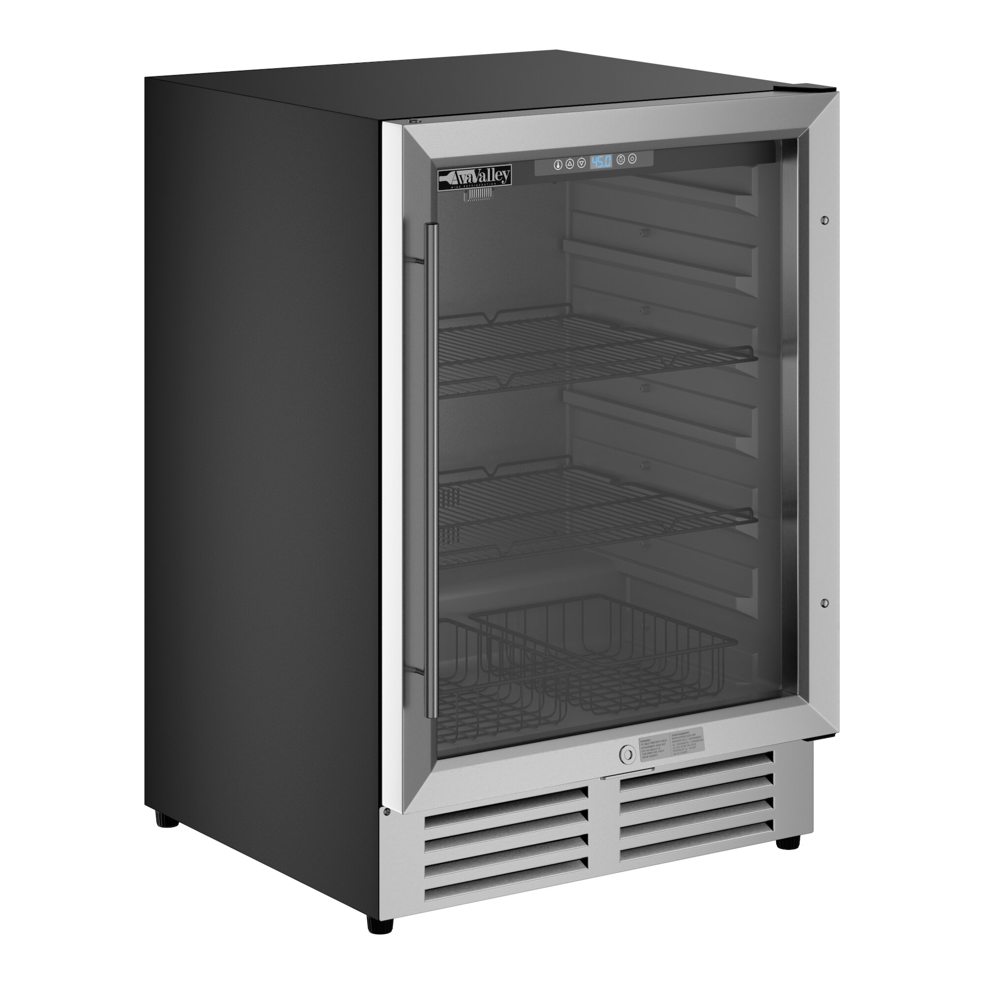 A stainless steel beverage cooler with a full glass door and wire shelves.
