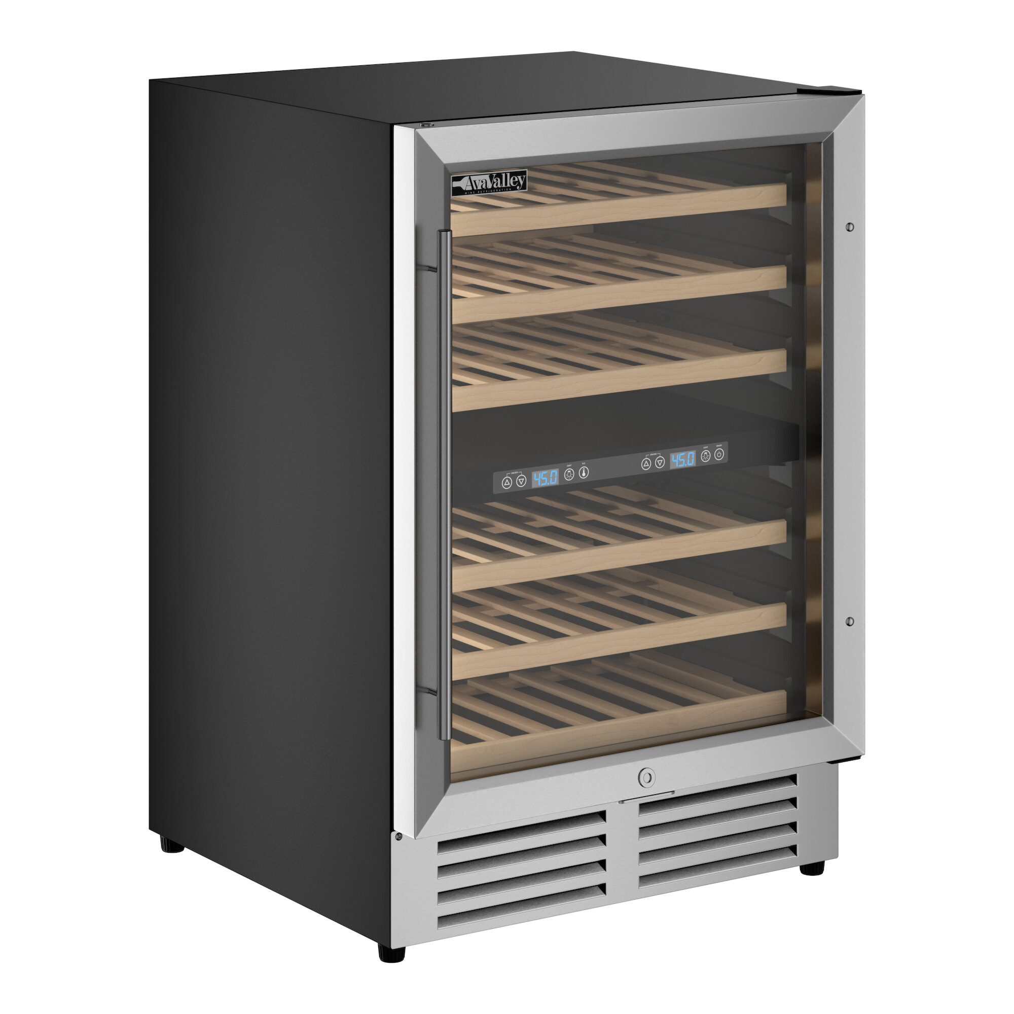 A commercial wine cooler with a glass door and multiple wooden shelves.