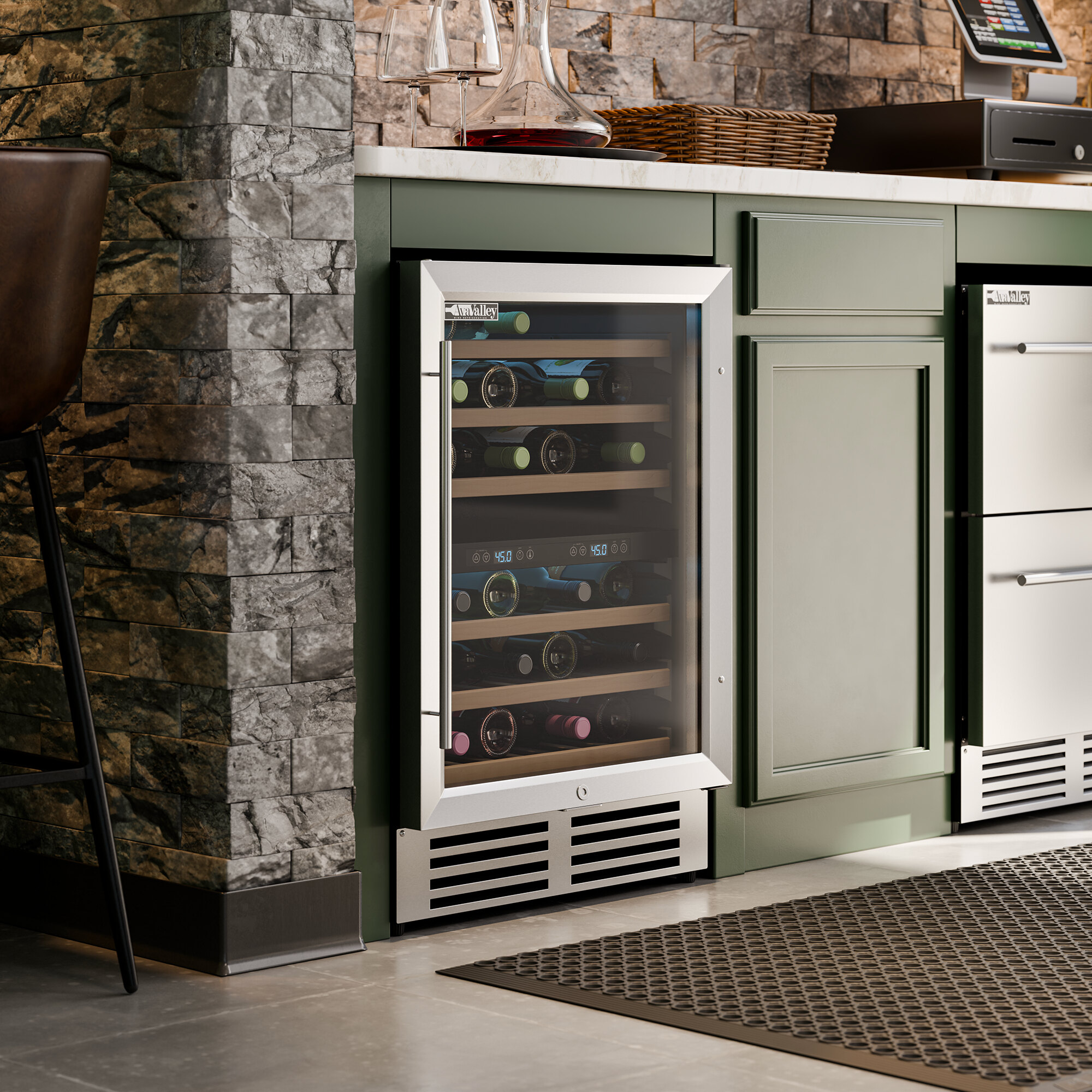 A stainless steel and glass door commercial wine cooler built into a kitchen cabinet.