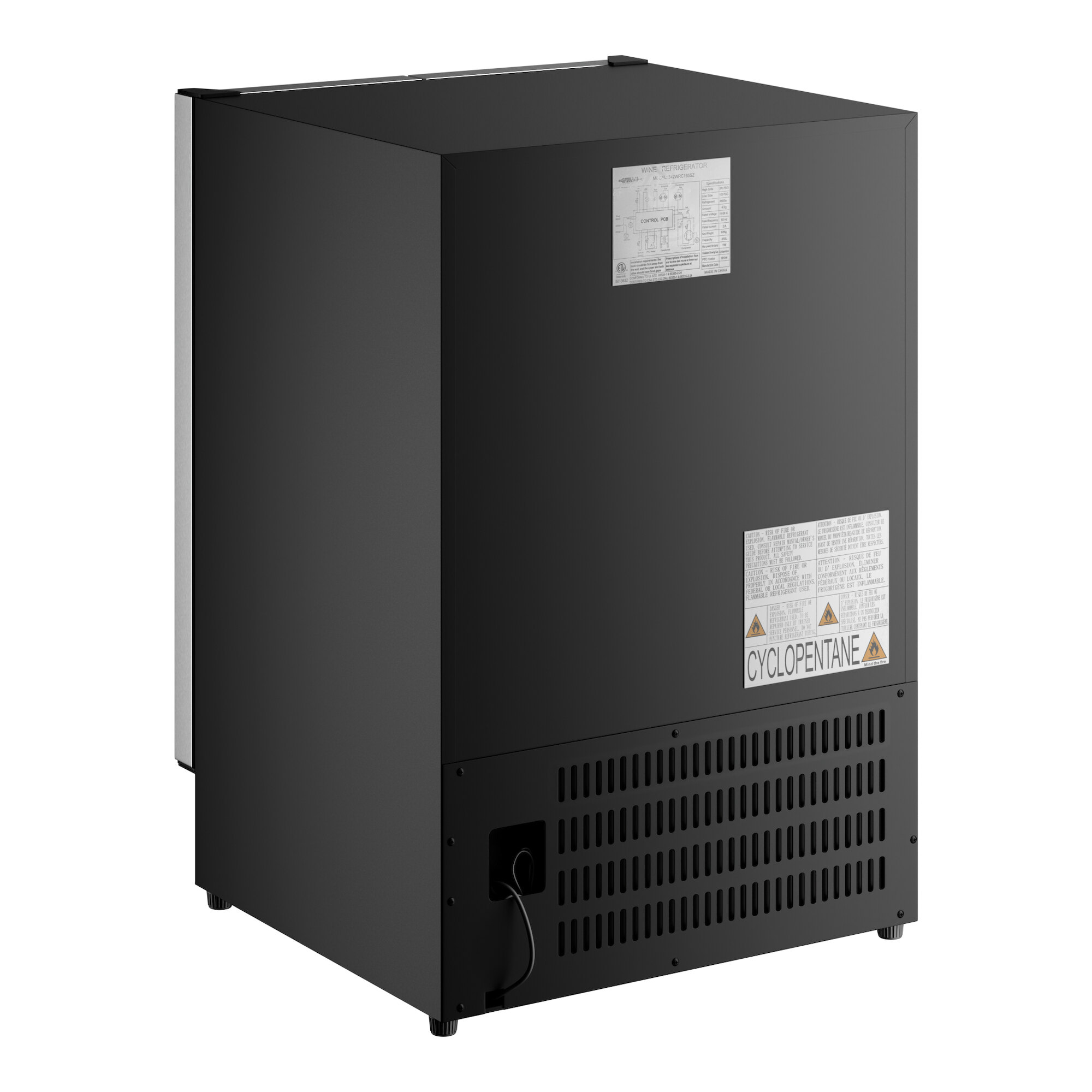 A black dual section dual temperature commercial wine cooler with a full glass door.