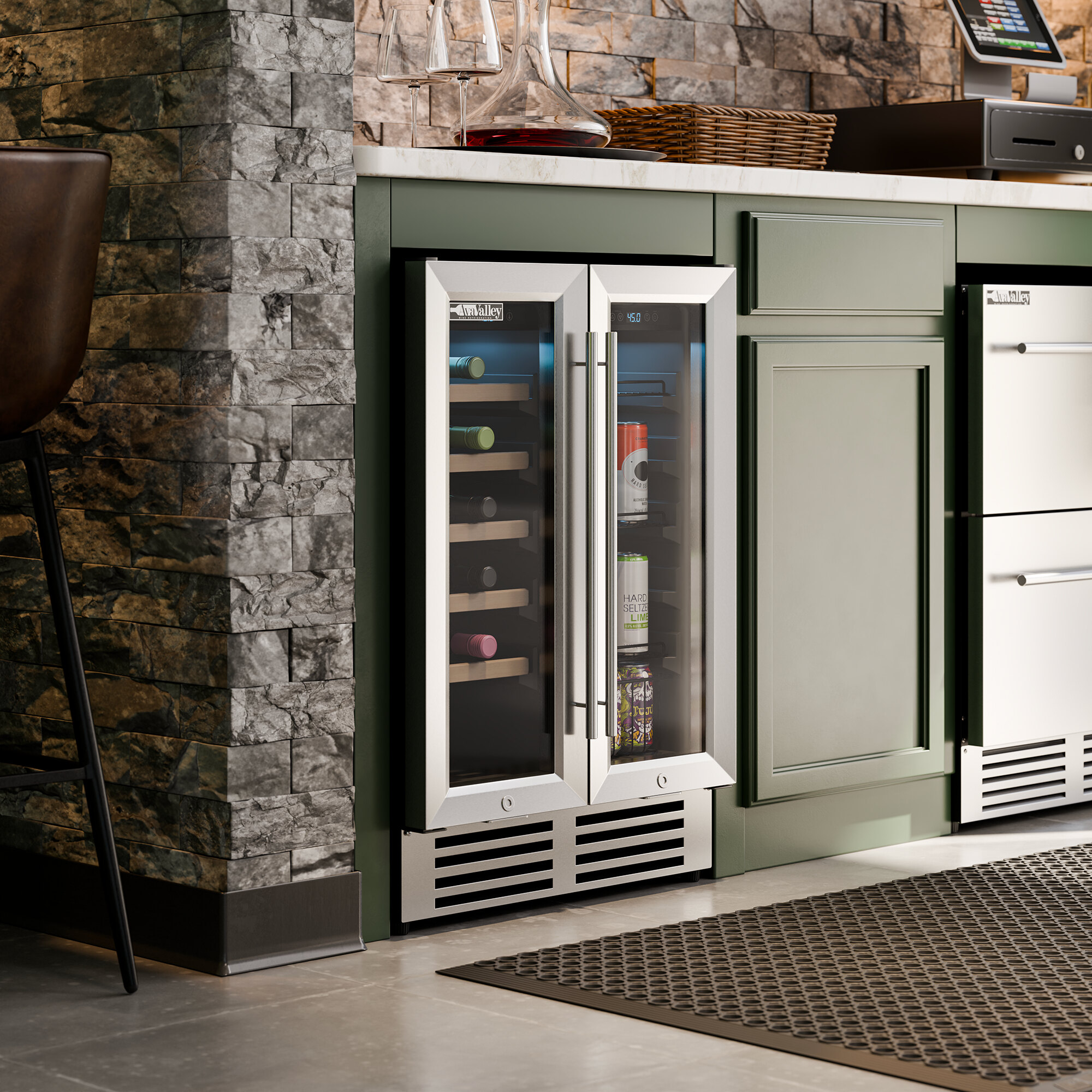 A dual-section, dual-temperature commercial wine cooler with full glass doors built into a kitchen cabinet.