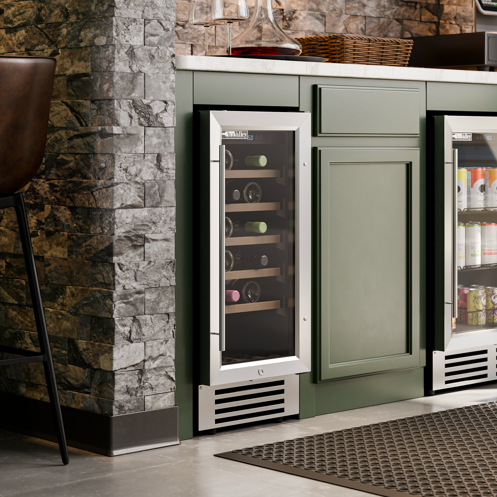 A stainless steel and glass door commercial wine cooler built into a green kitchen cabinet.