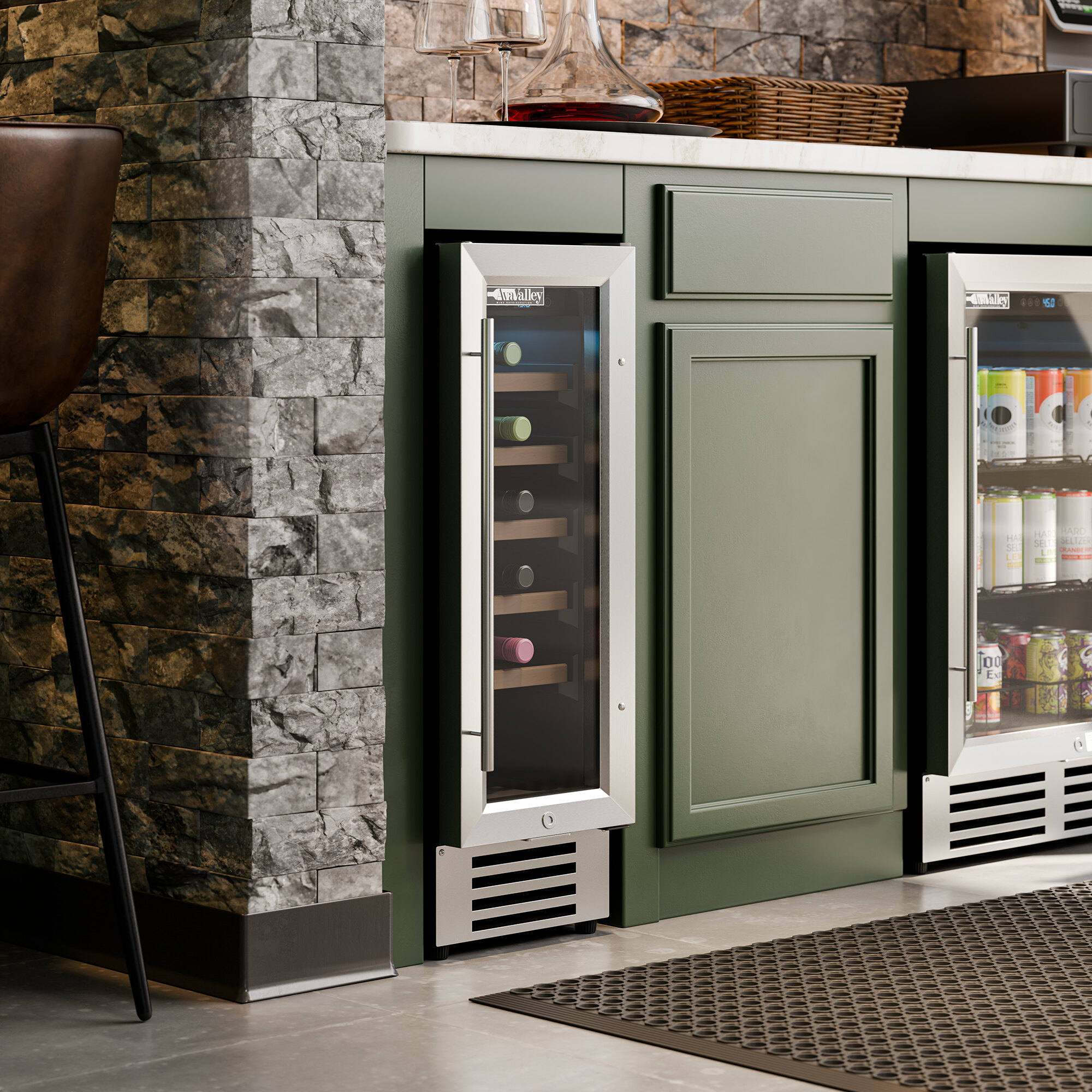 A stainless steel and glass door commercial wine cooler built into a kitchen cabinet.
