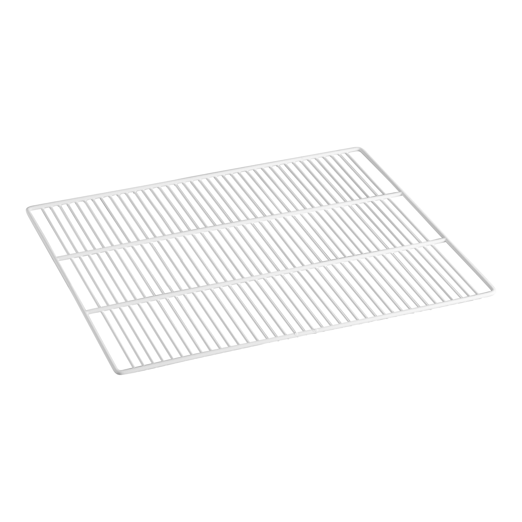 A white wire bottom shelf designed for Avantco DLC64 series deli cases, measuring 19 1/2 inches by 24 3/4 inches.