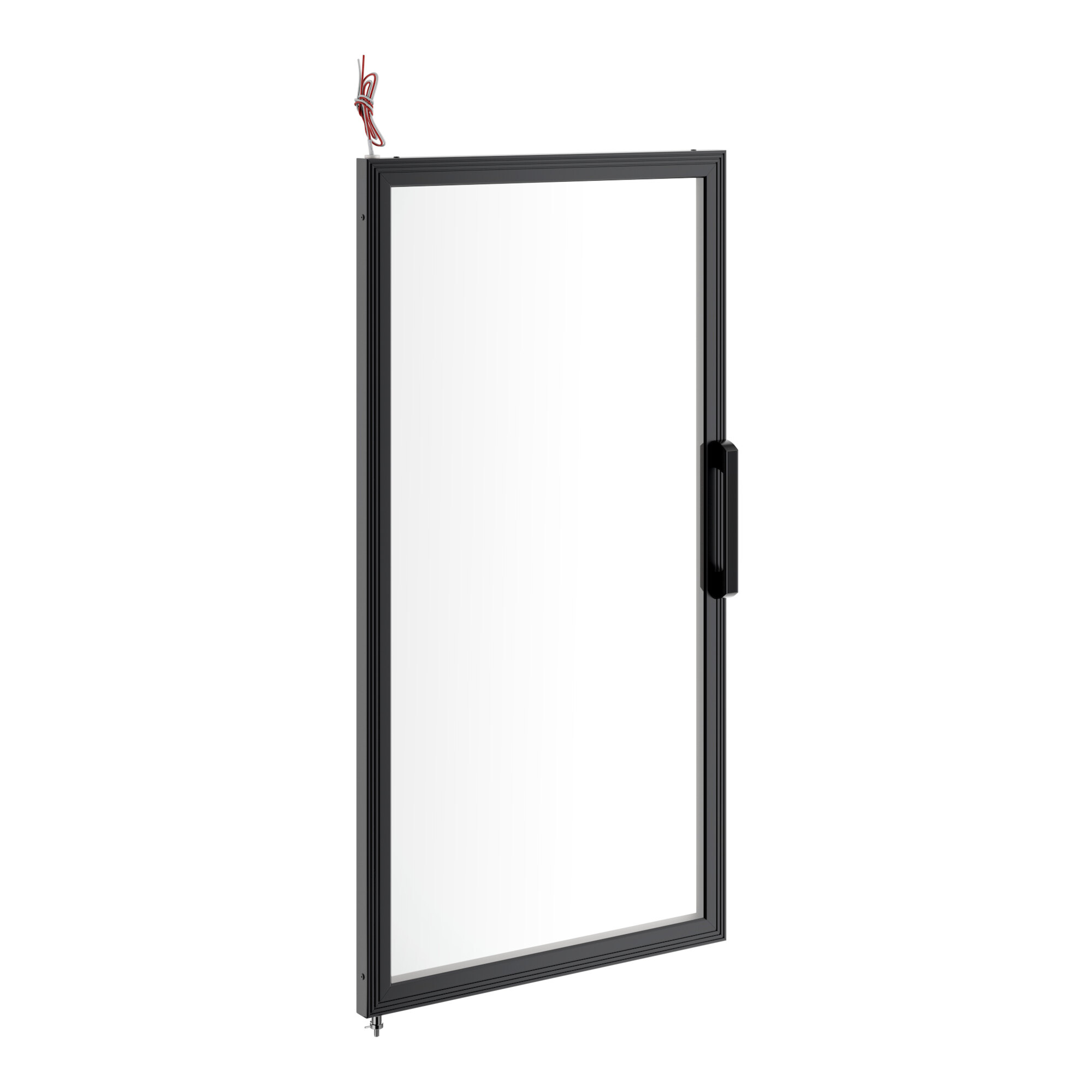 A black metal door with a white rectangular window