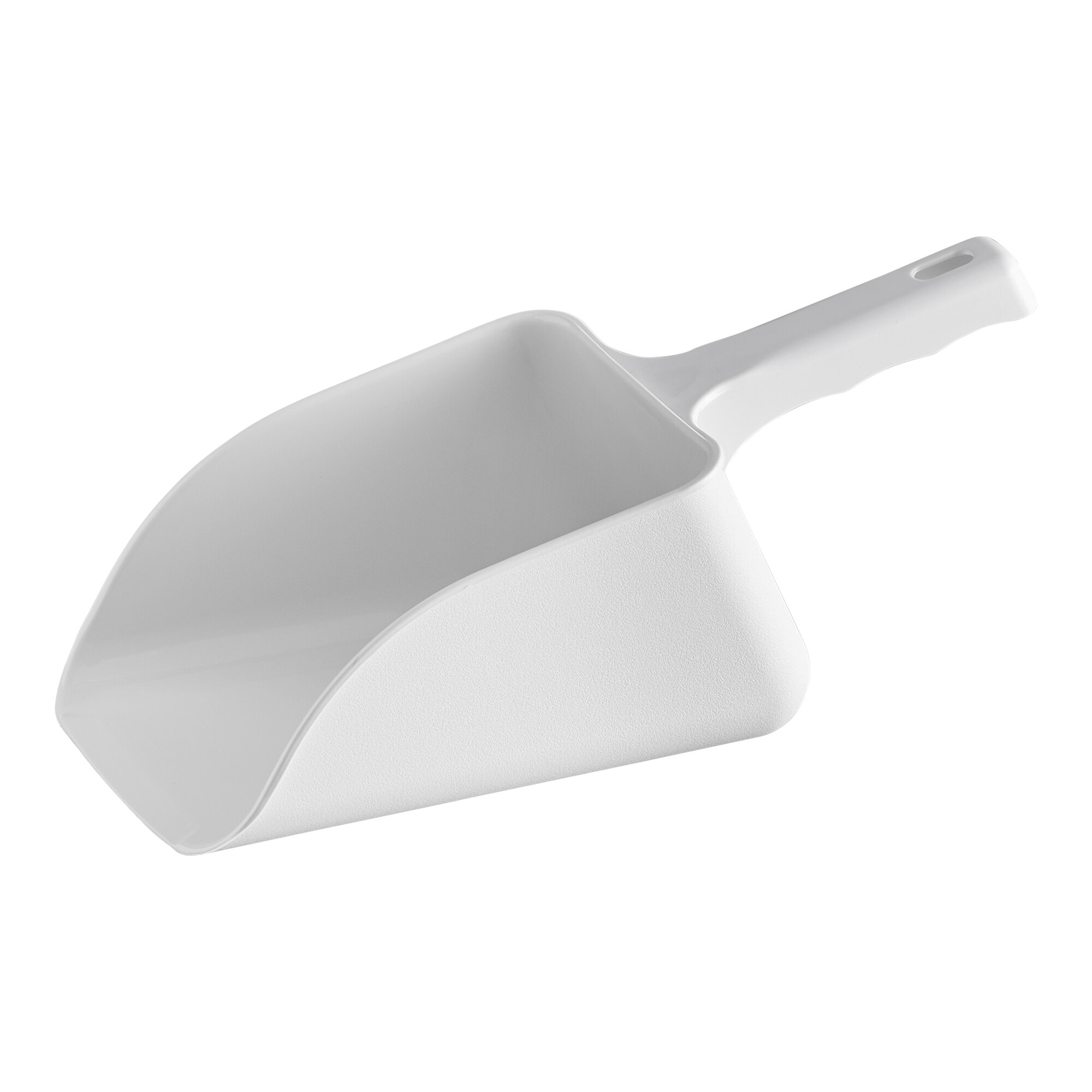 A white plastic scoop with a handle, designed for use with an ice storage bin.