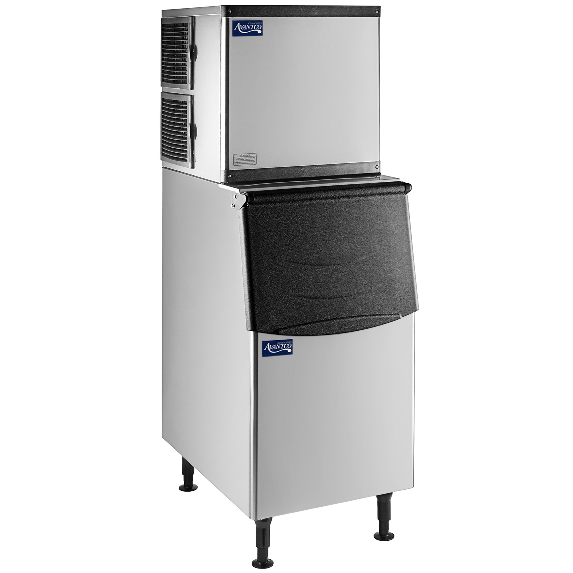 An Avantco stainless steel air cooled ice machine with a stainless steel cabinet.