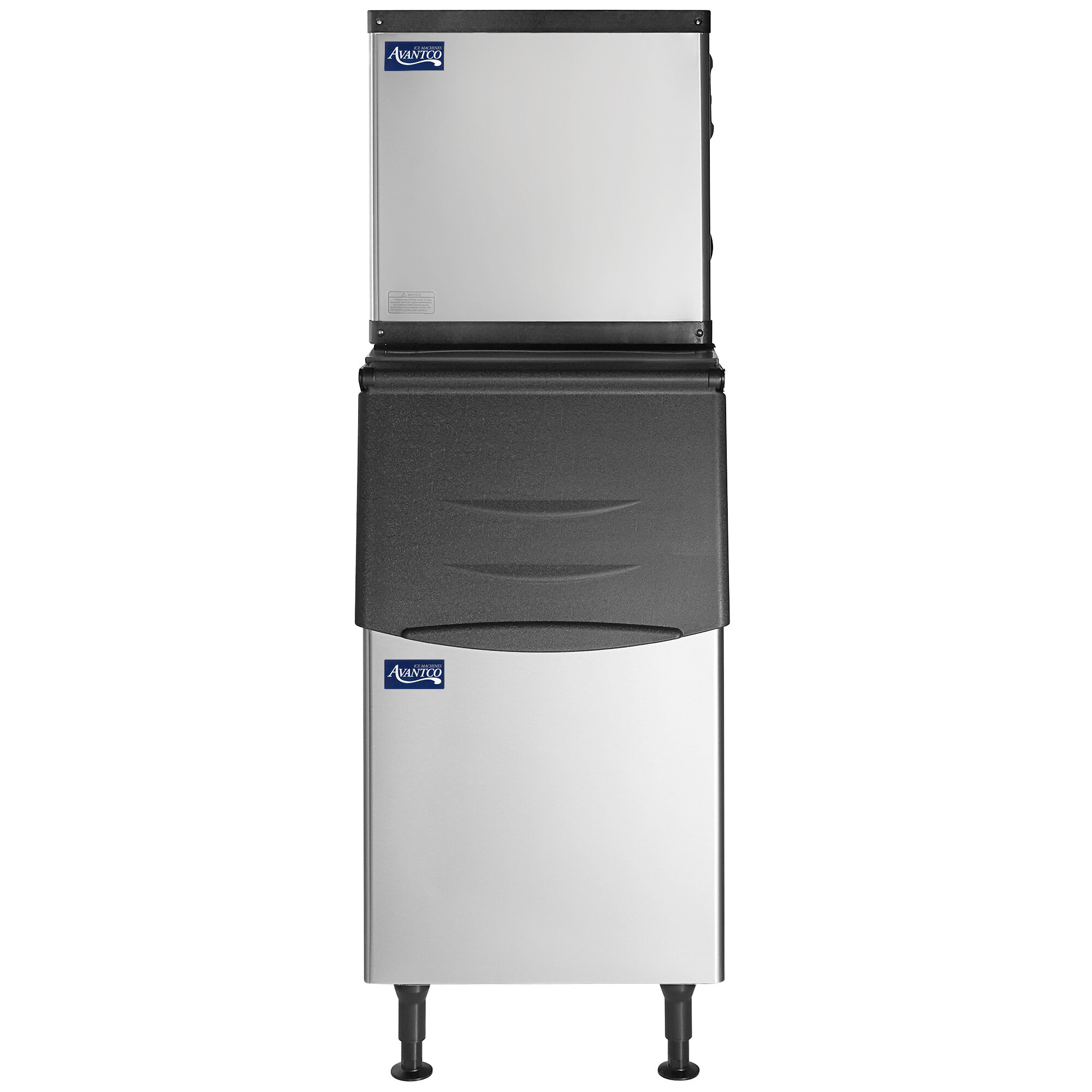 An Avantco stainless steel air cooled ice machine with a black and silver top.