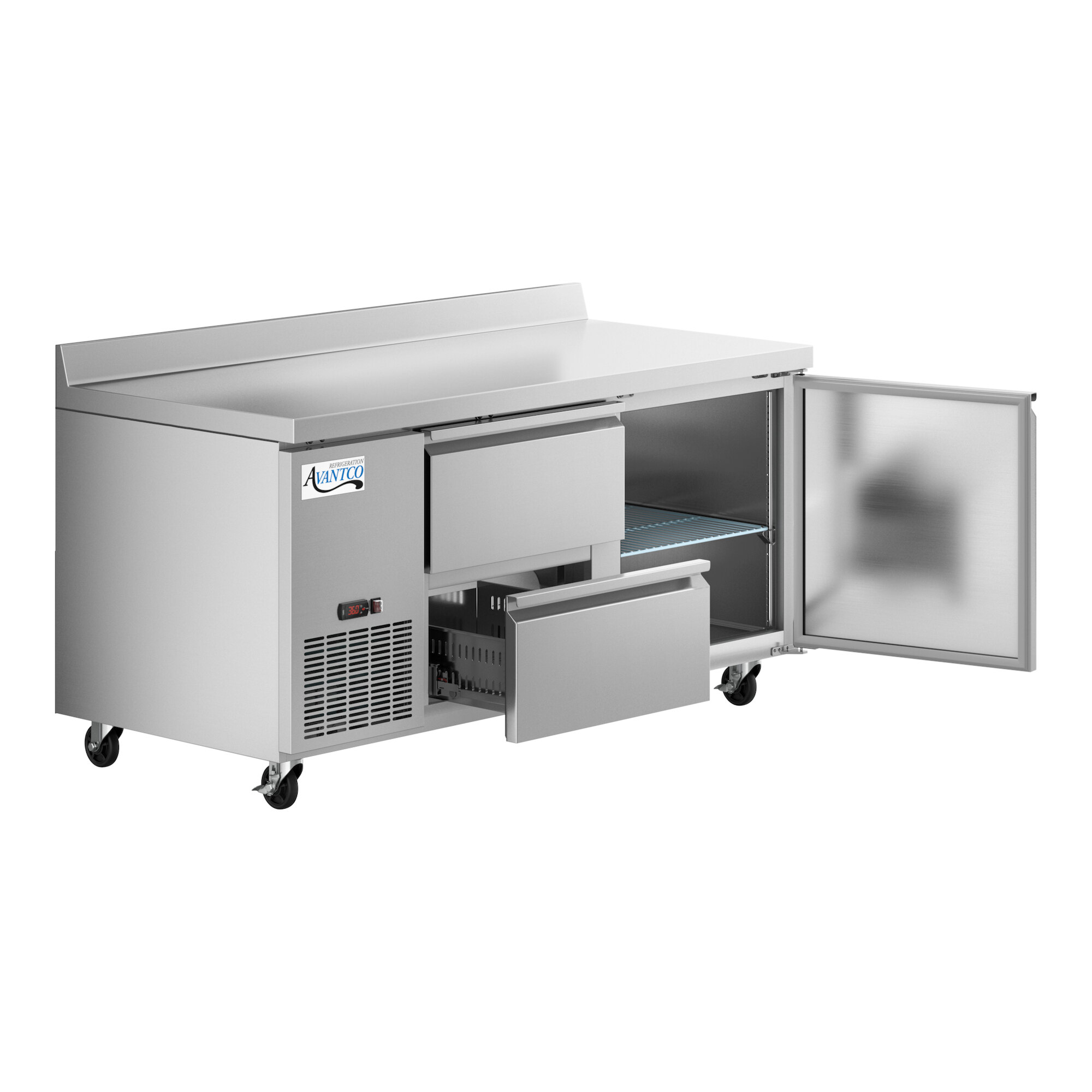 An Avantco stainless steel worktop refrigerator with 2 left drawers and 1 door open.