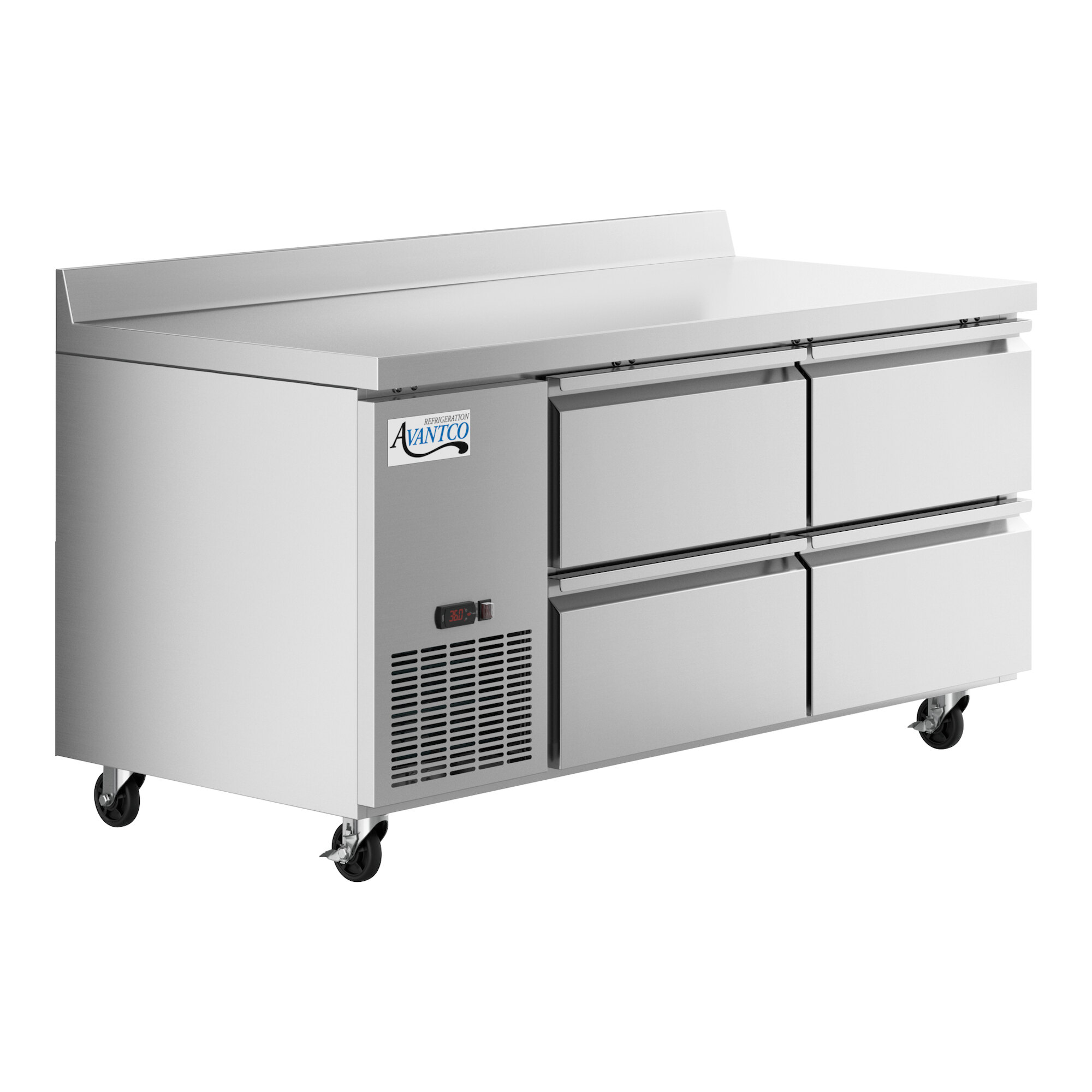 An Avantco stainless steel worktop refrigerator with four drawers on wheels.