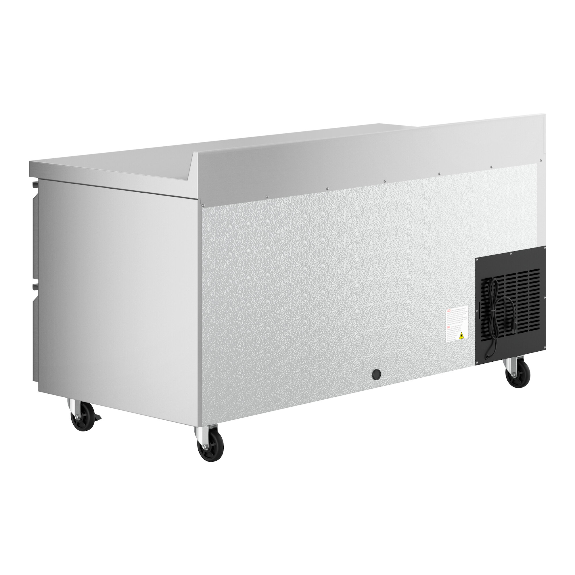An Avantco stainless steel worktop refrigerator with four drawers and wheels.