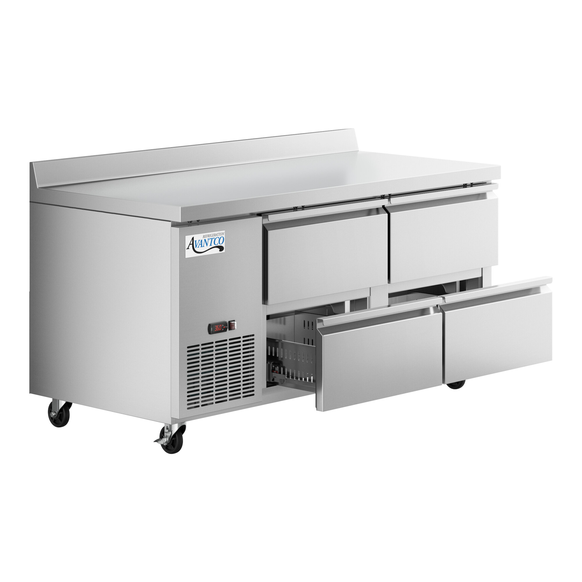 An Avantco stainless steel worktop refrigerator with four drawers.