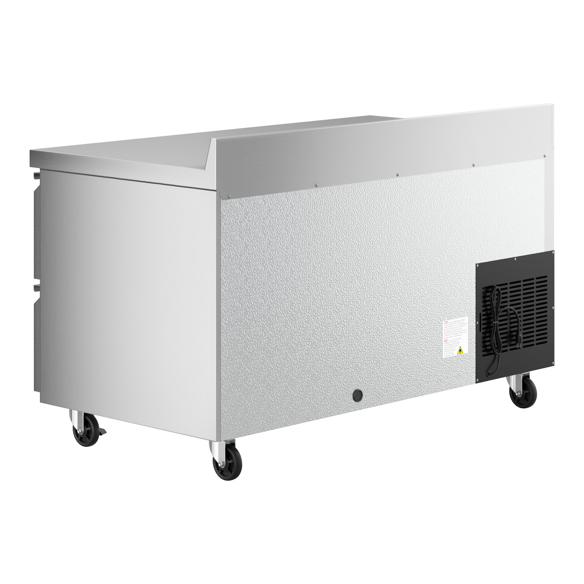 A large stainless steel Avantco worktop refrigerator with wheels.