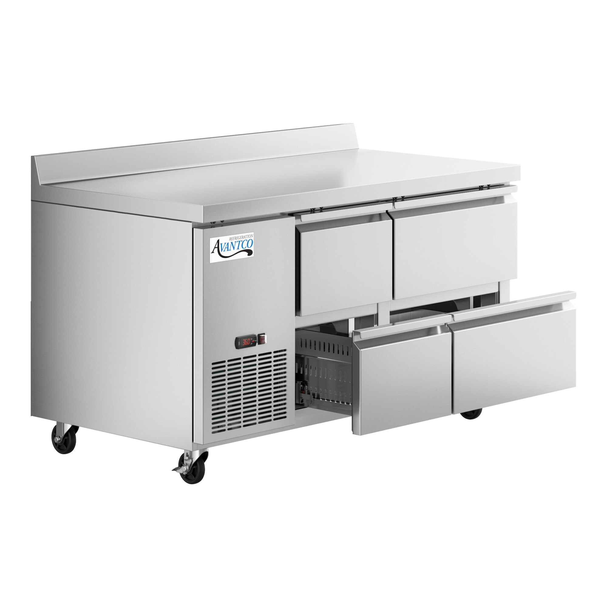 An Avantco stainless steel worktop refrigerator with four drawers.