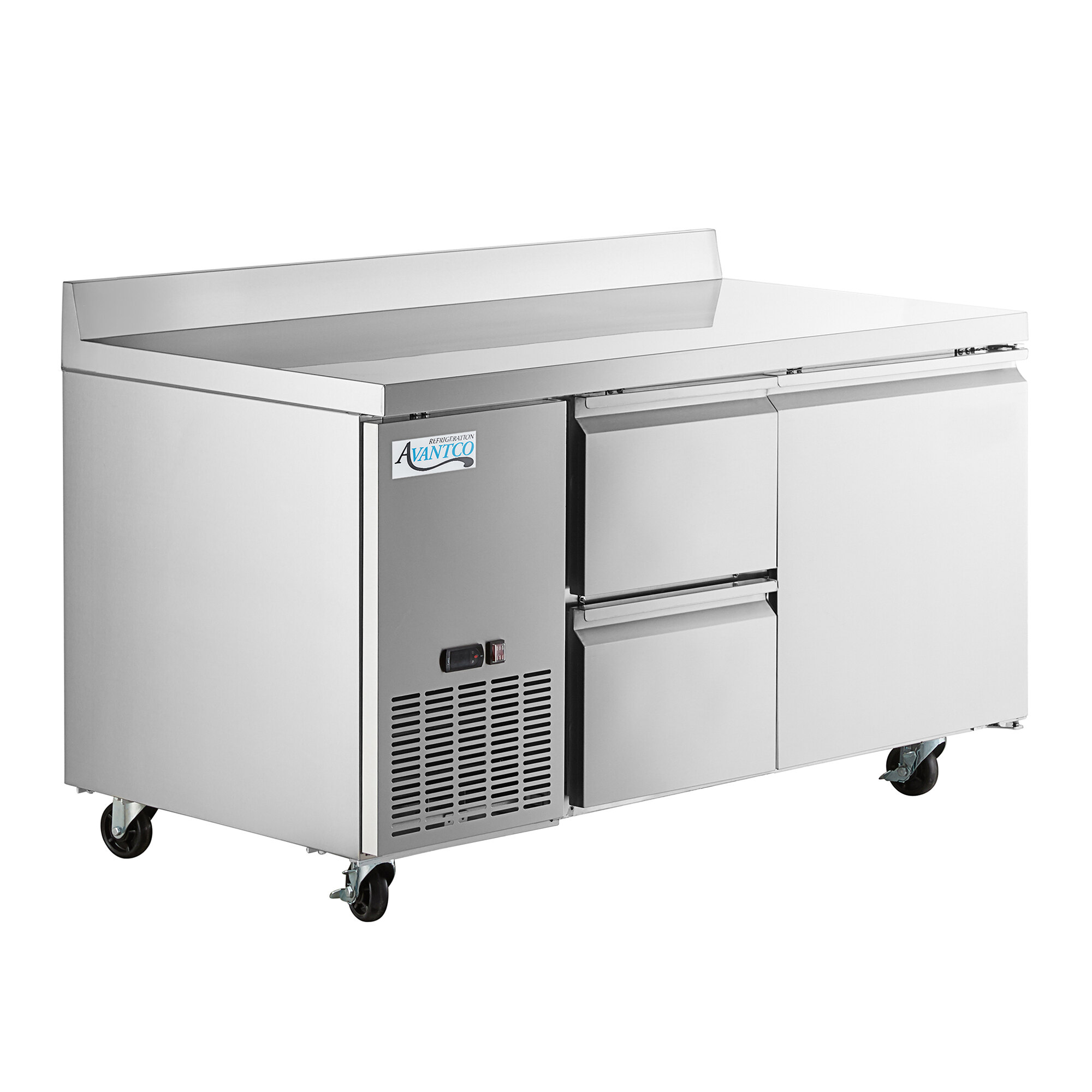 An Avantco stainless steel worktop refrigerator with 2 left drawers and 1 door on wheels.