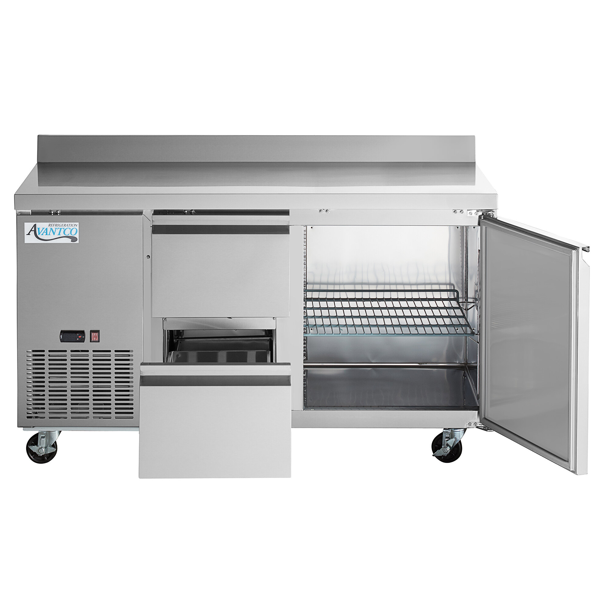 An Avantco stainless steel worktop refrigerator with a door open.