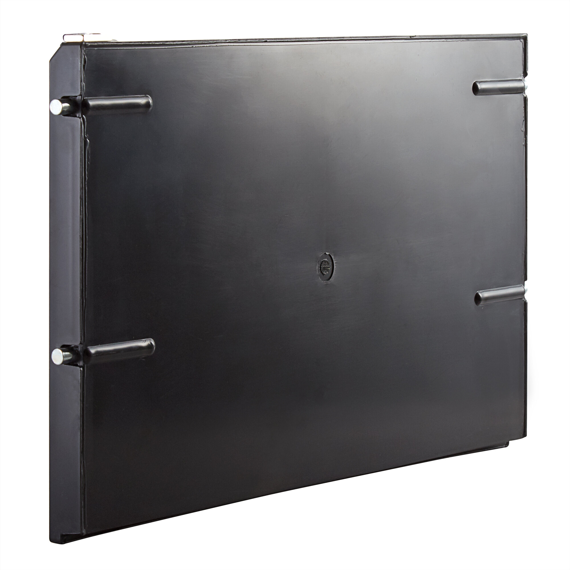 A black metal Avantco Ice door panel with metal rods and two metal handles.