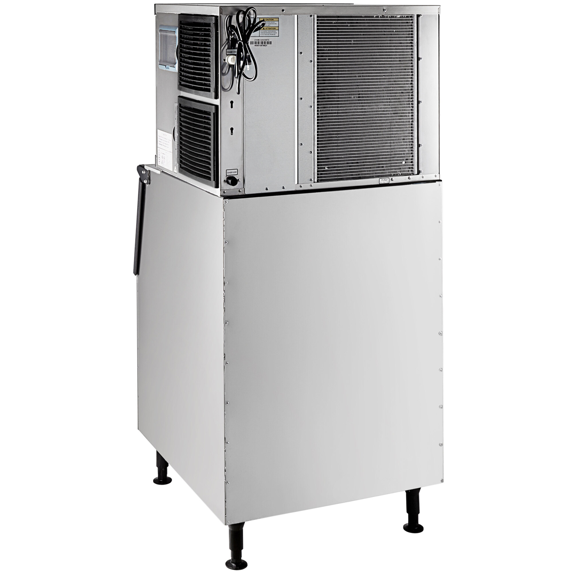 An Avantco air cooled ice machine with a white rectangular base and black lid.