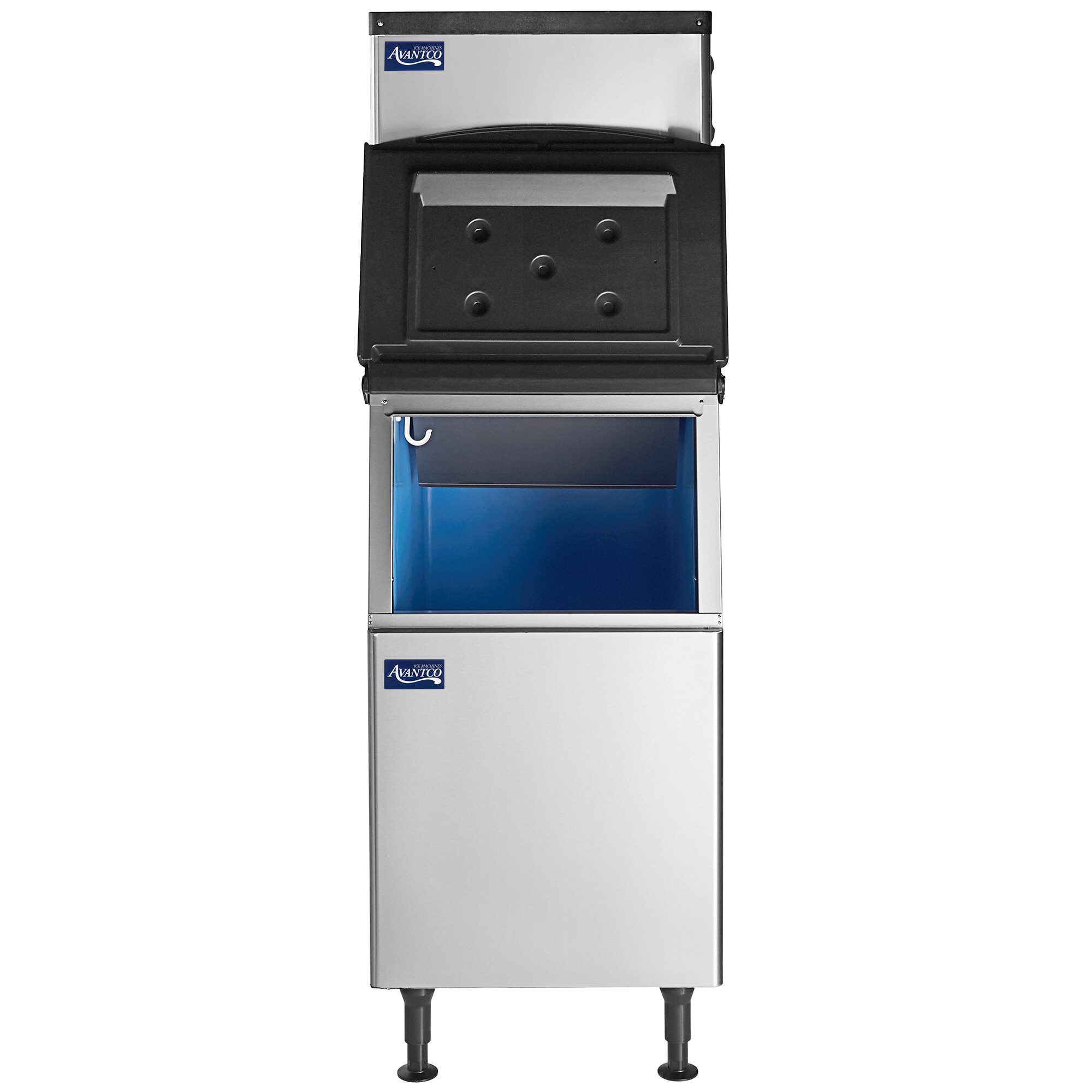 An Avantco stainless steel air cooled modular ice machine with a black and blue lid.