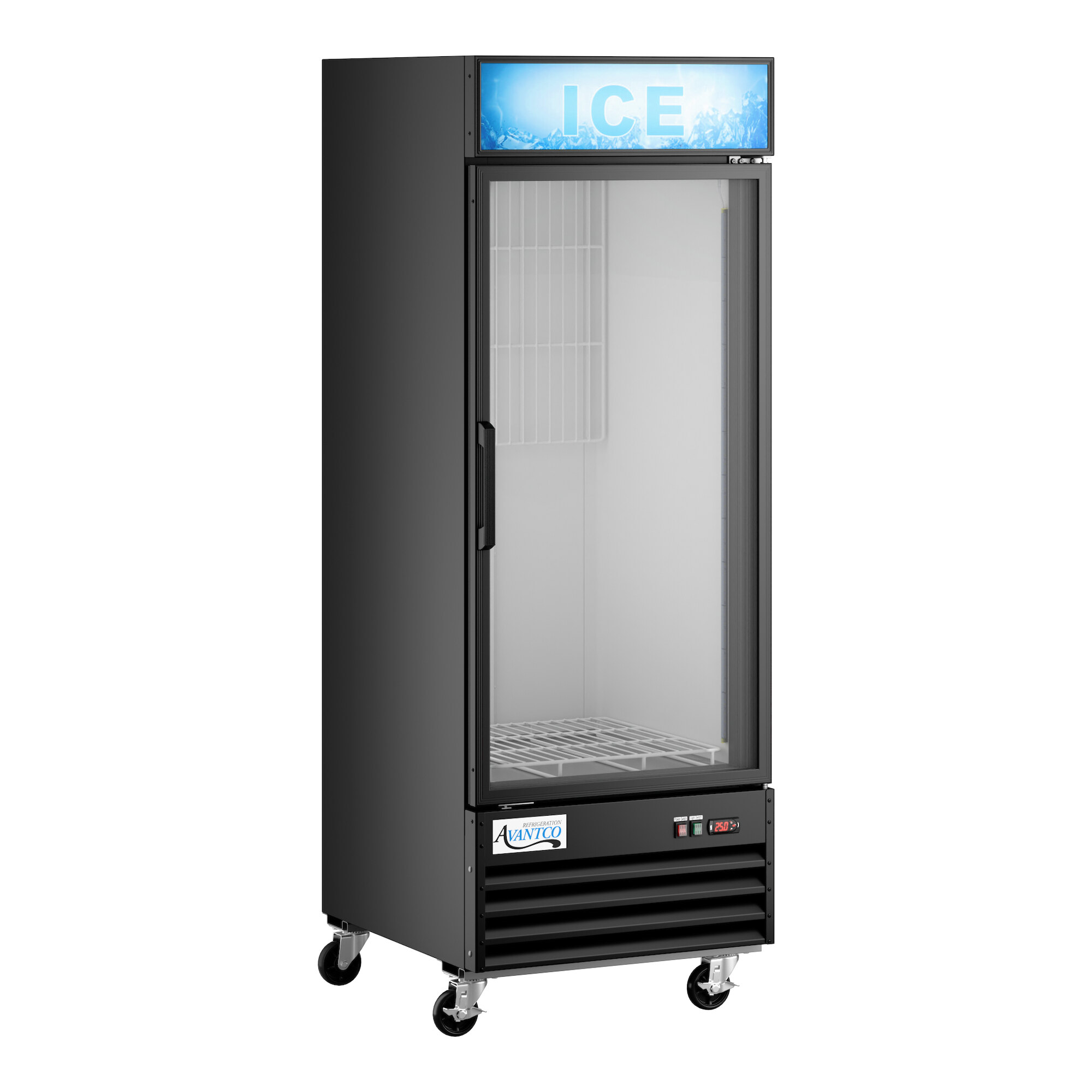 A black indoor glass door ice merchandiser on wheels with a customizable display panel labeled 'ICE' at the top.