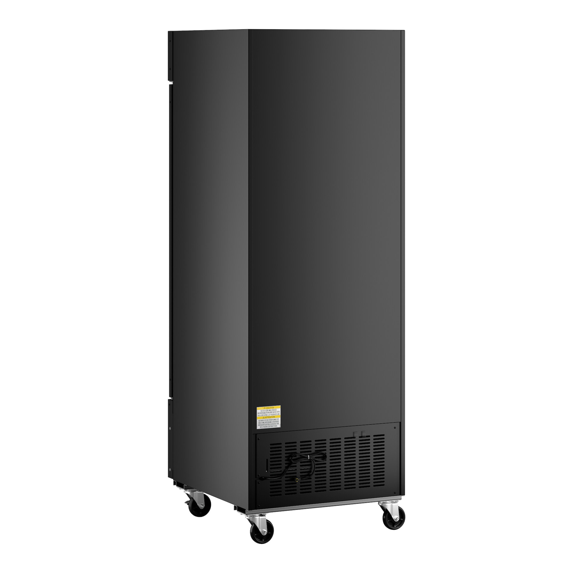 A black indoor glass door ice merchandiser on wheels.