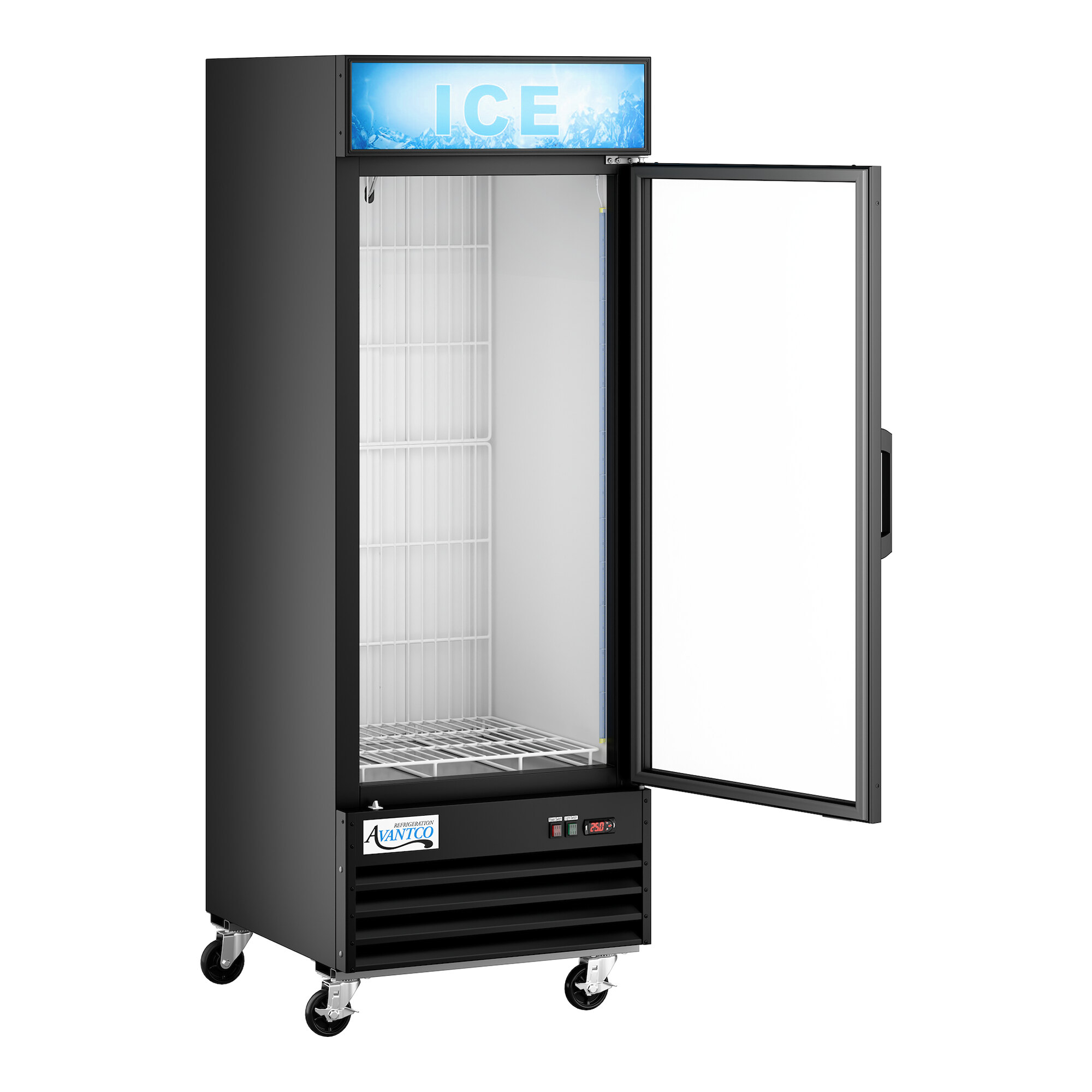 An indoor glass door ice merchandiser with a black exterior and customizable signage, shown with the door open.