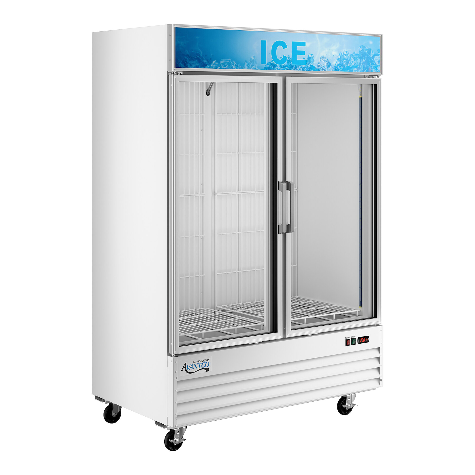 A white indoor glass door ice merchandiser with two sliding doors and a customizable top panel labeled 'ICE'.
