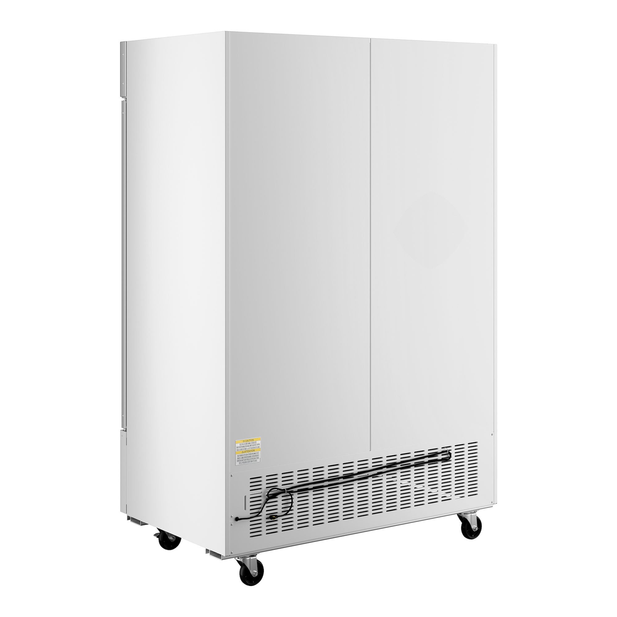 A large white indoor ice merchandiser with double doors and wheels for mobility.