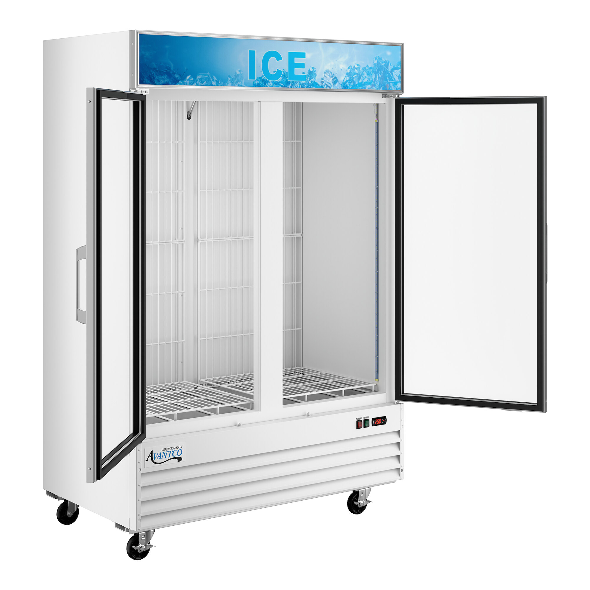 An indoor glass door ice merchandiser with a white exterior and two open doors.