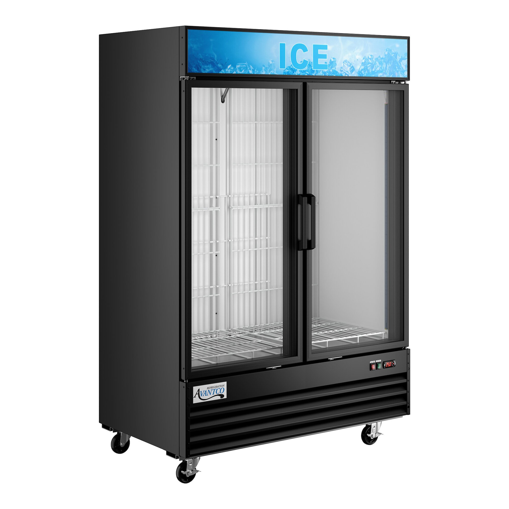 A black indoor glass door ice merchandiser with two sliding doors and a customizable top panel.
