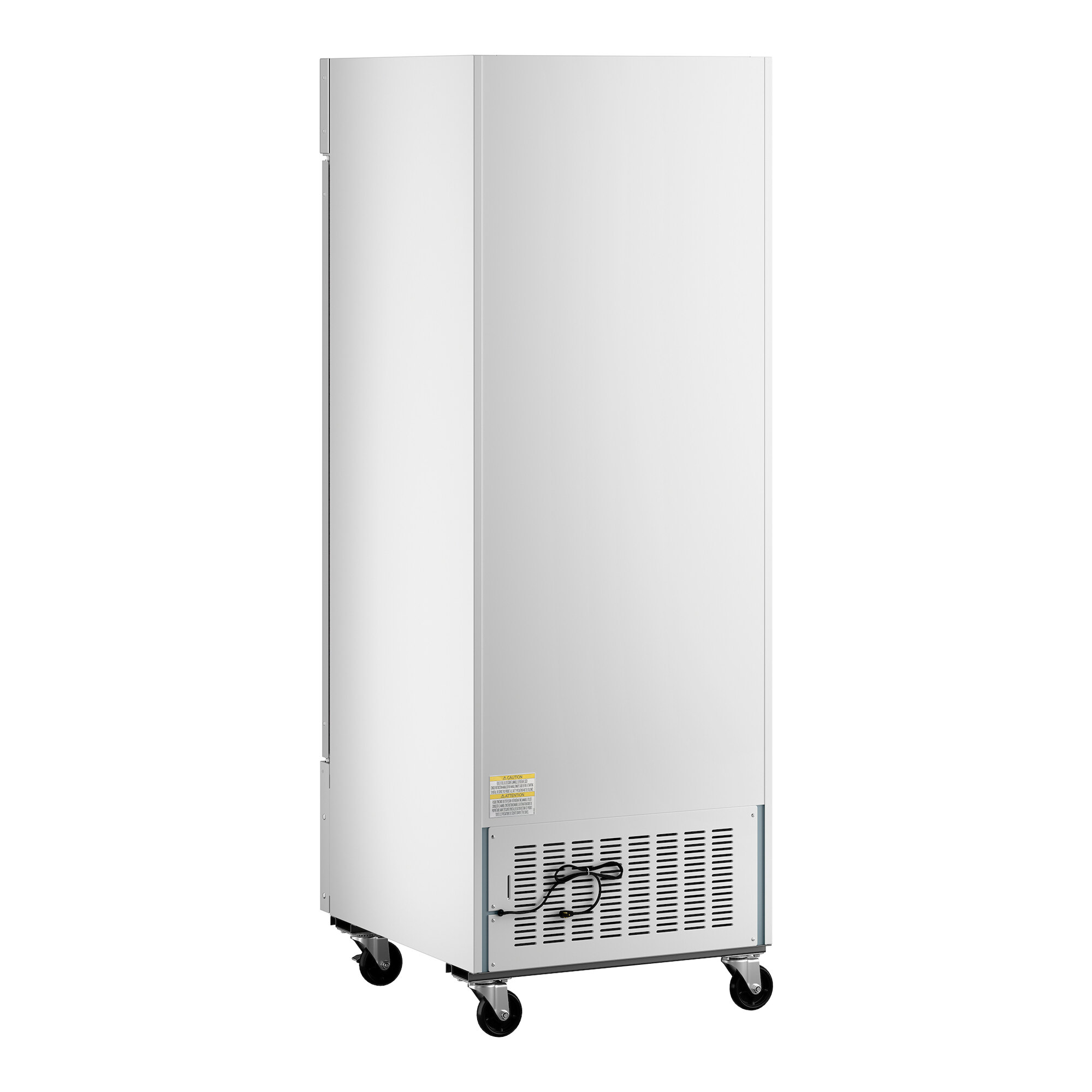 A white indoor glass door ice merchandiser on wheels.