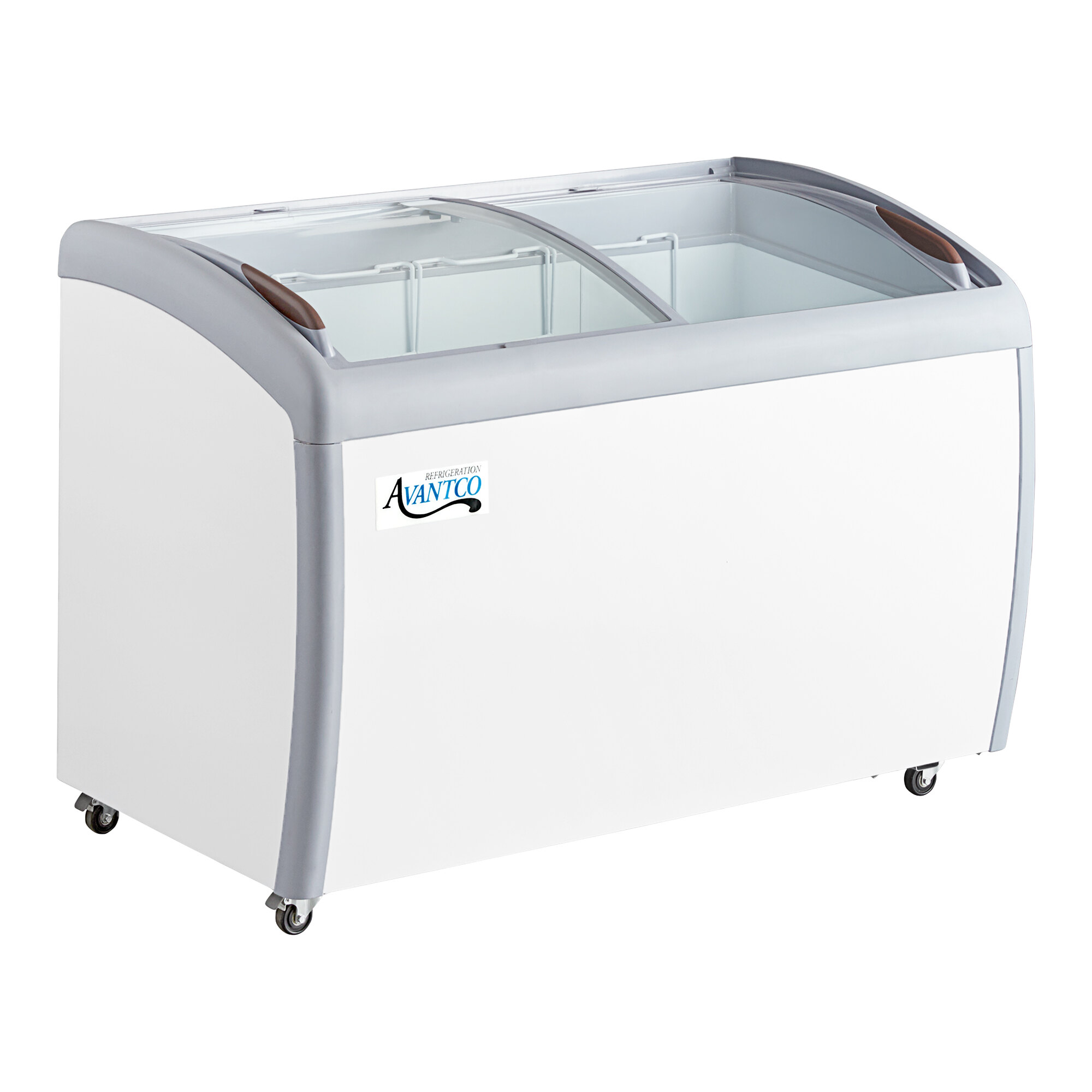 A large white curved top display ice cream freezer with sliding glass doors and caster wheels.