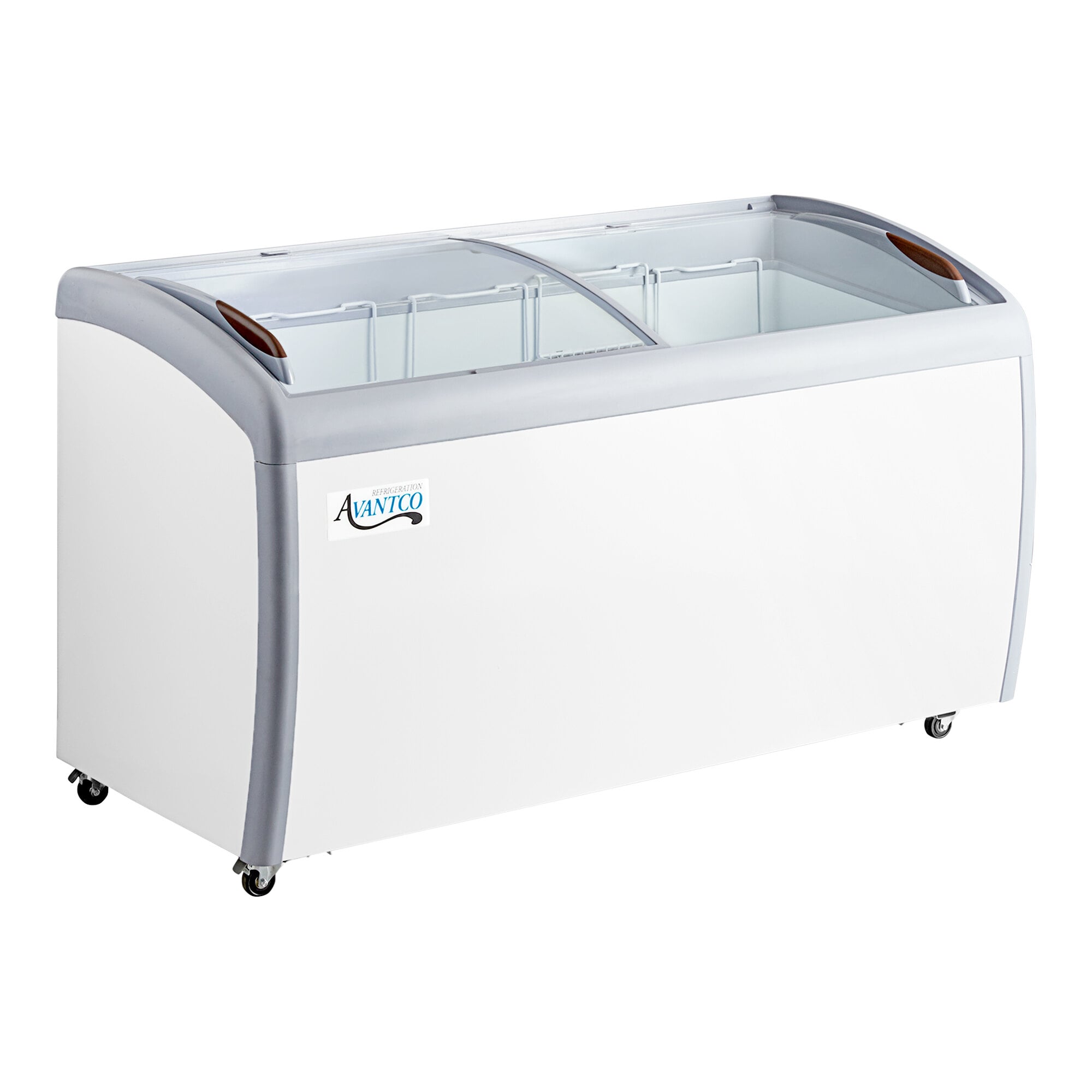 A large white curved top display ice cream freezer with sliding glass doors and caster wheels.