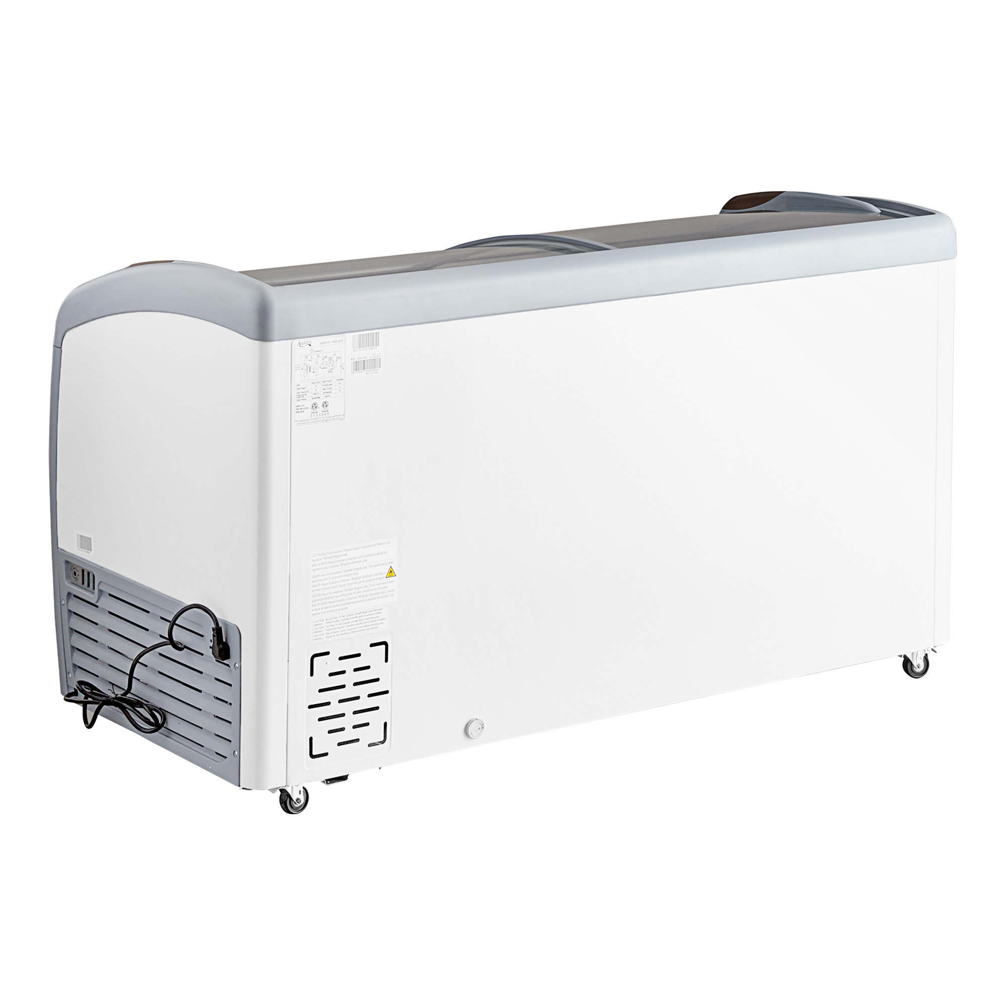 A large, white, curved top display ice cream freezer with wheels and a power cord.