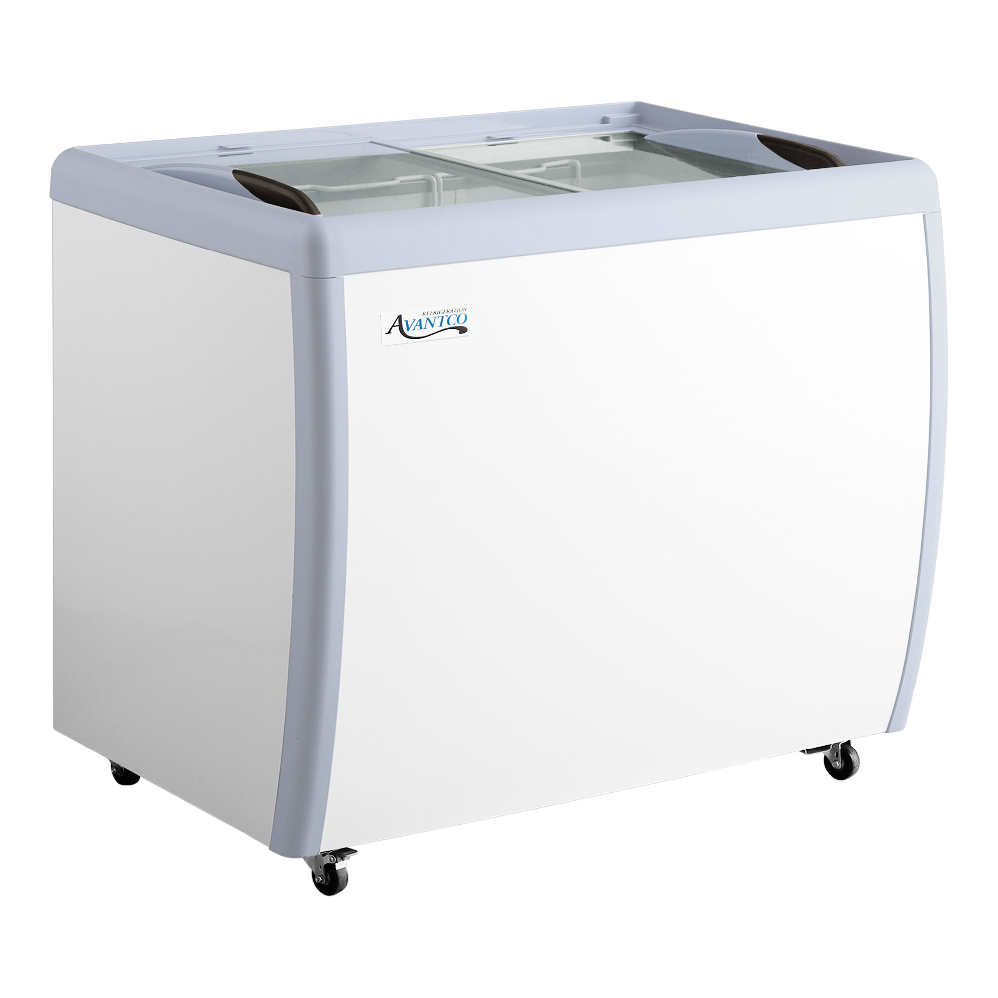 A flat top display ice cream freezer with a white exterior and sliding glass doors.