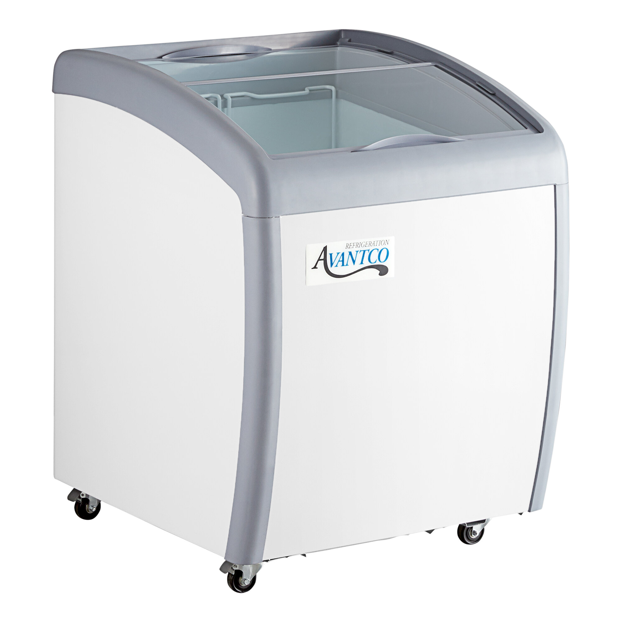 A white and gray curved top display ice cream freezer with a glass lid and wheels, branded Avantco.