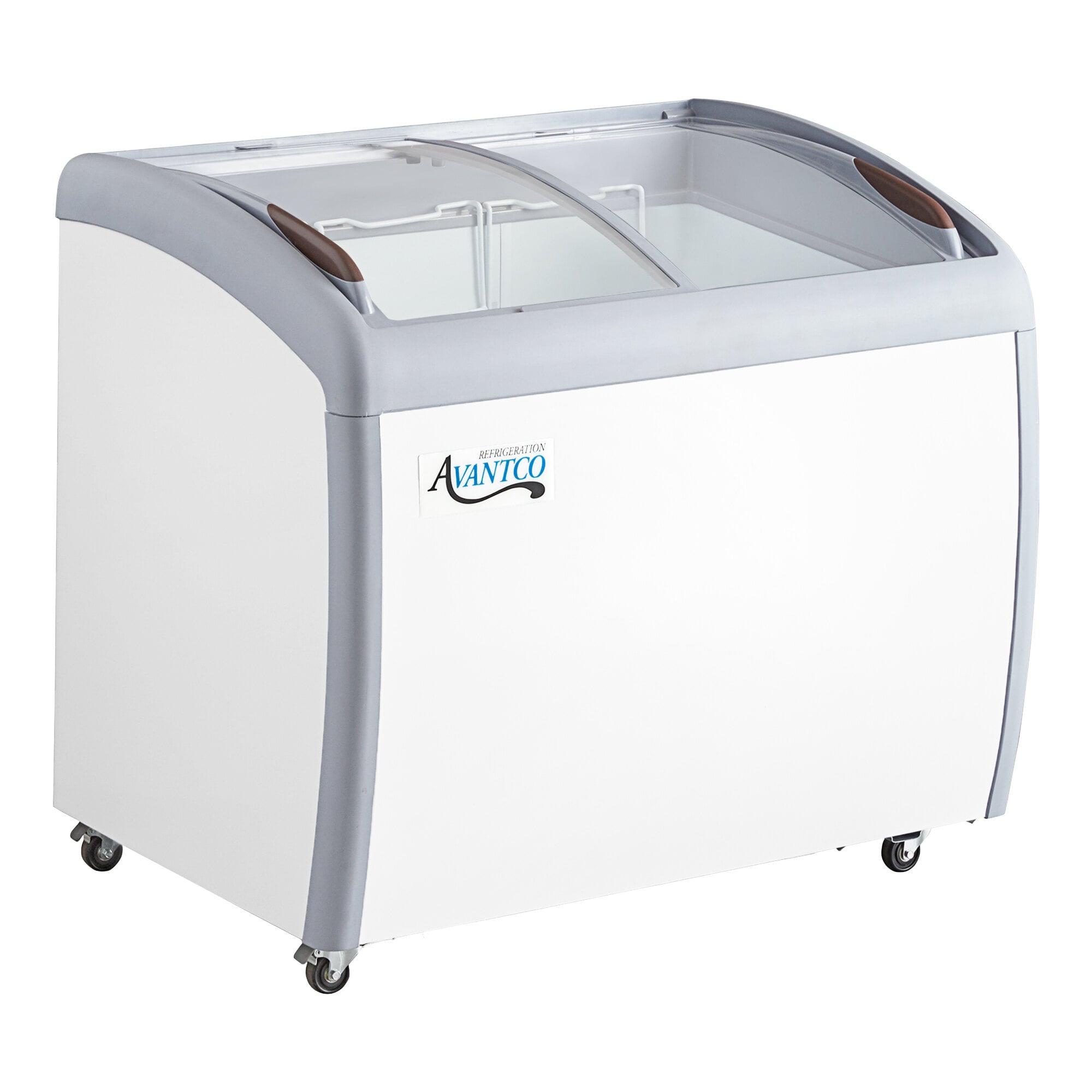 A white curved top display ice cream freezer with sliding glass doors and caster wheels.