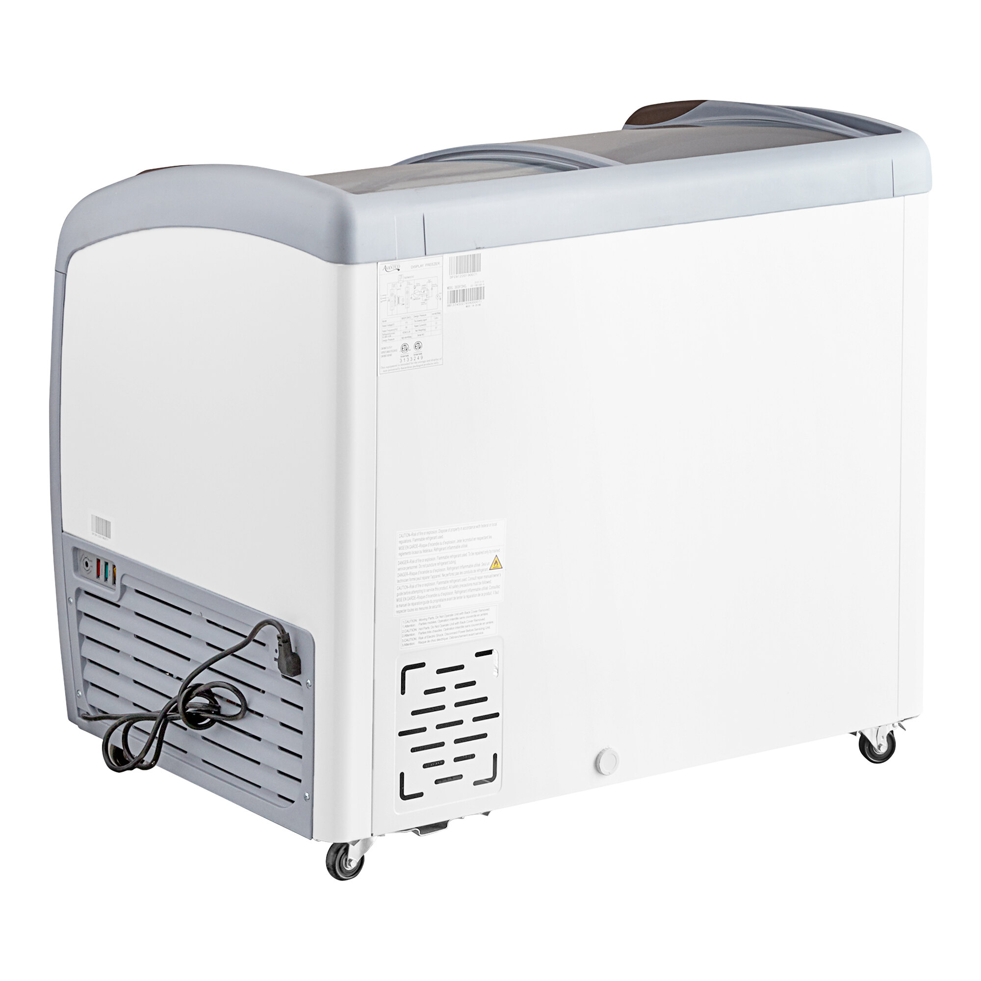A white curved top display ice cream freezer with a gray trim and caster wheels.