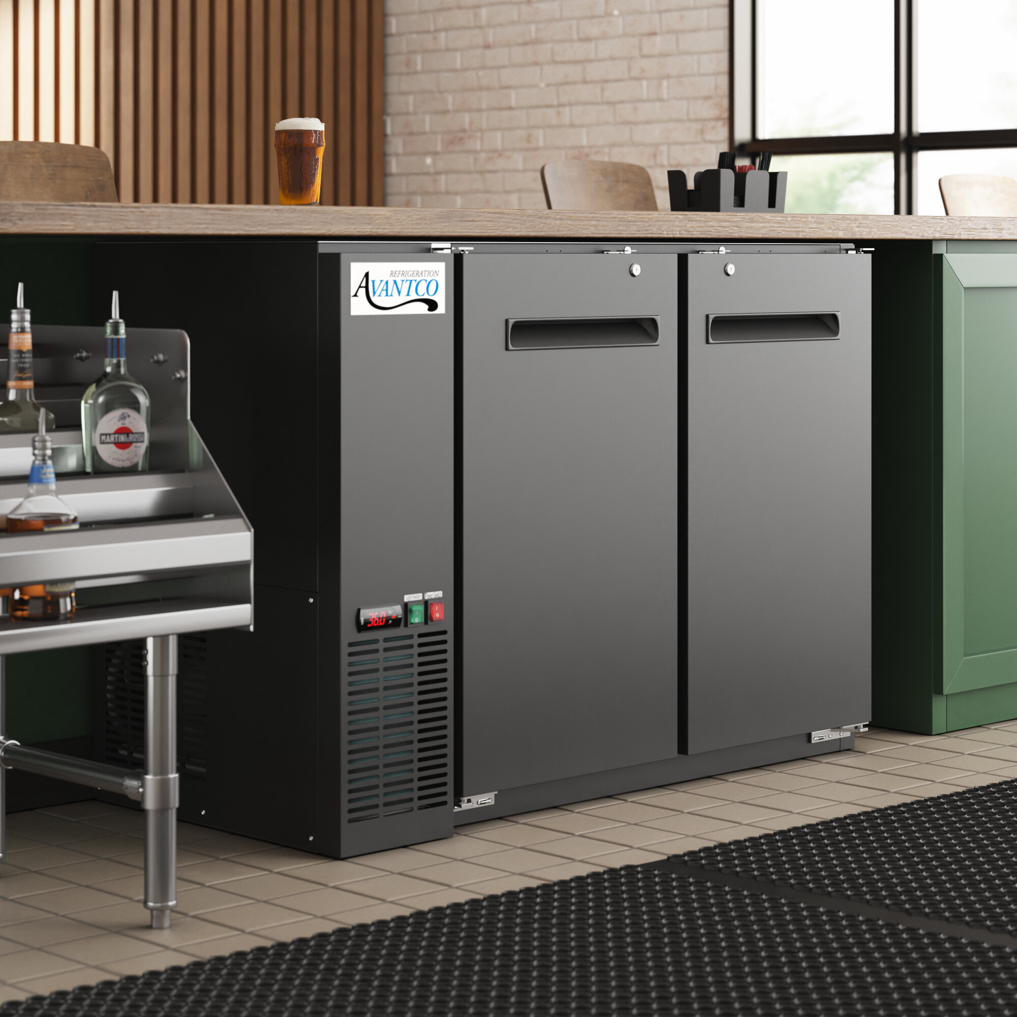 A black Avantco 48-inch underbar height narrow solid door back bar refrigerator with a galvanized top and LED lighting.
