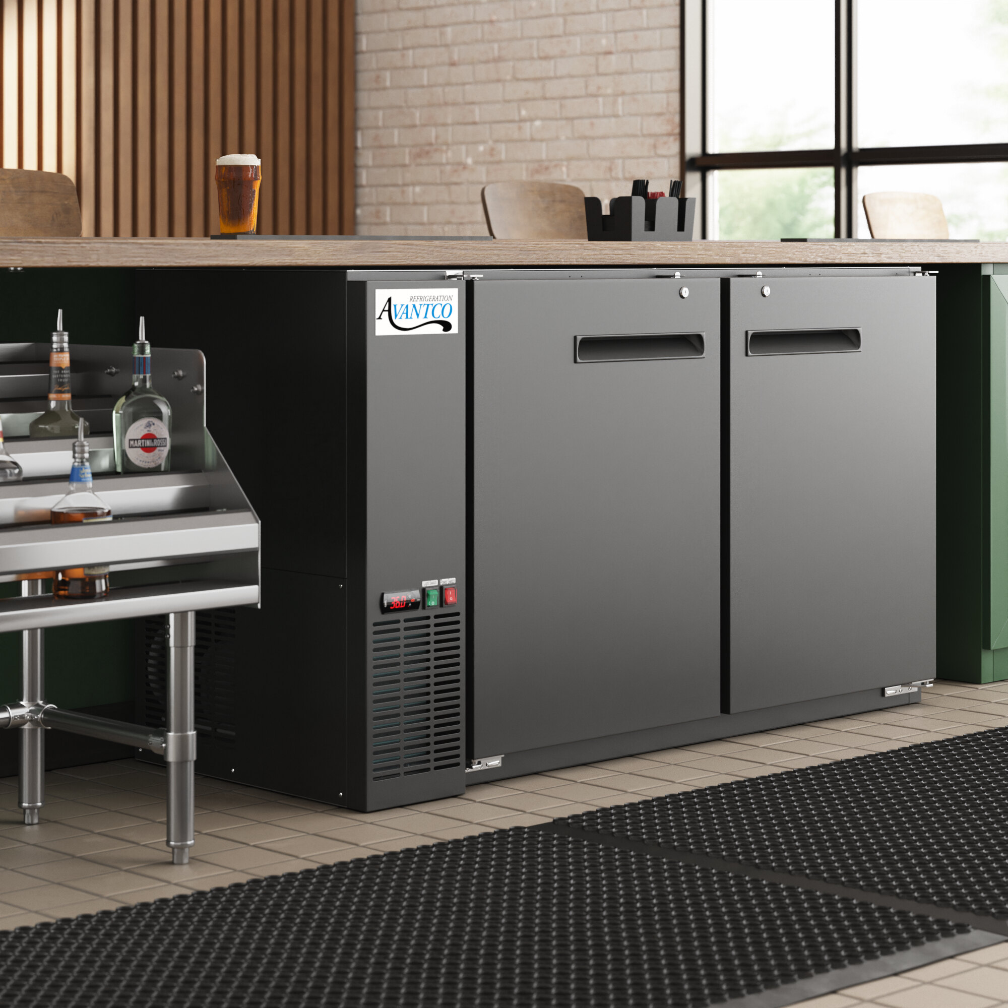 A black 60-inch underbar height narrow solid door back bar refrigerator with a galvanized top and LED lighting.