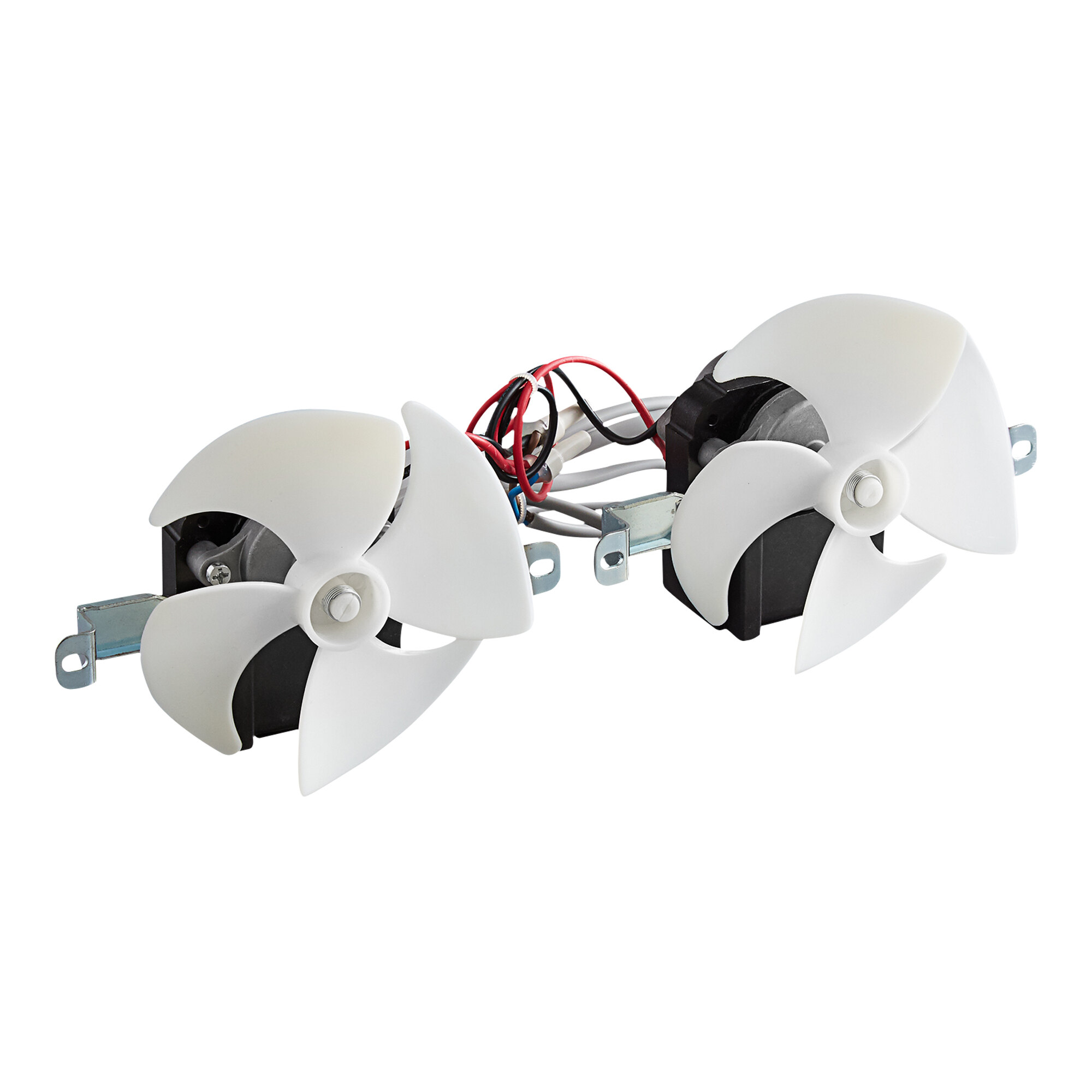 An evaporator fan motor assembly with two white plastic fan blades and wiring, designed for a refrigerated display case.