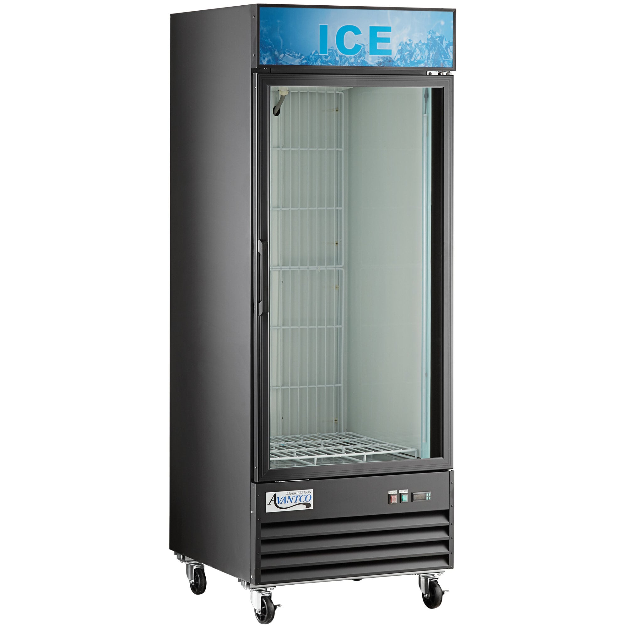 An Avantco black glass door ice merchandiser.