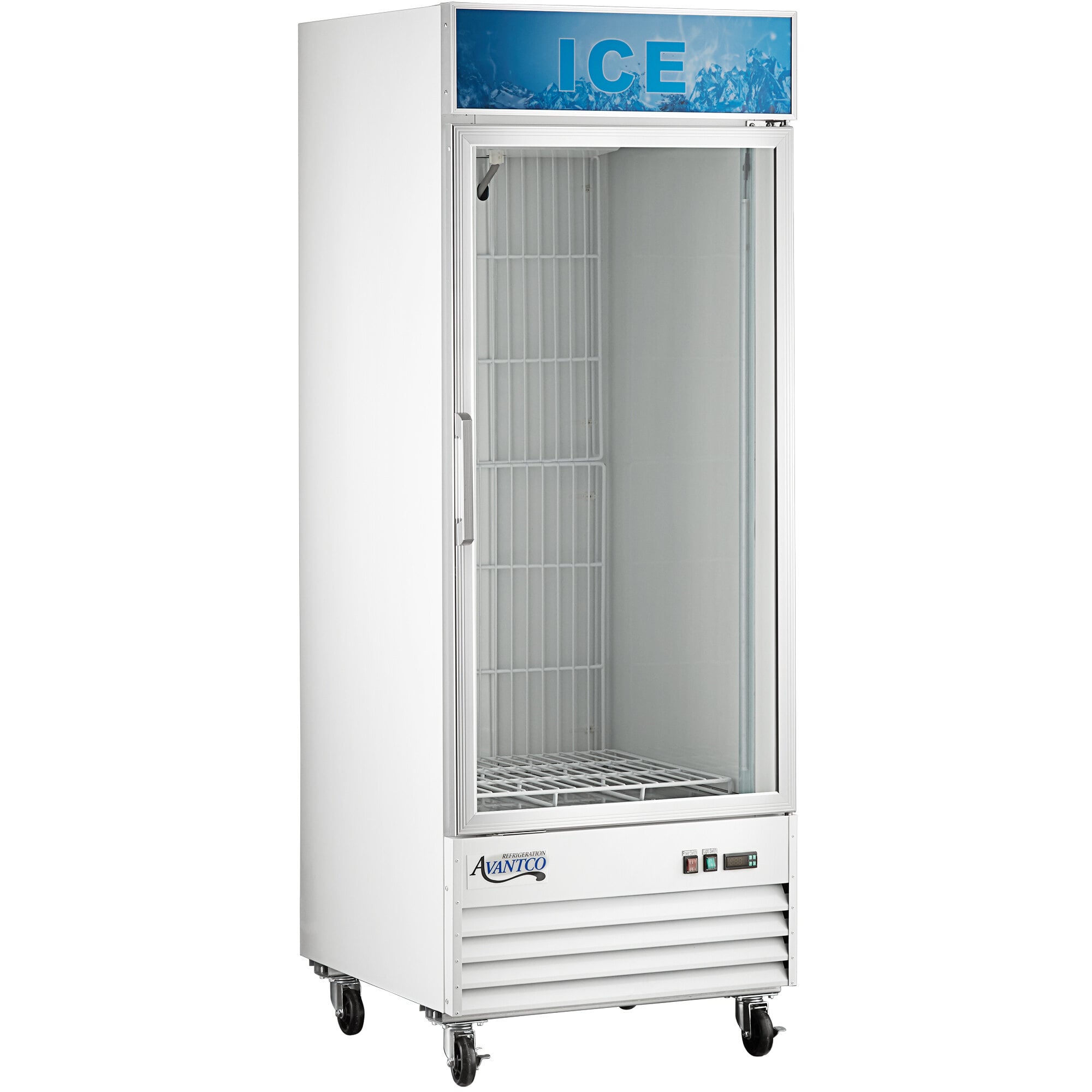 An Avantco white glass door ice merchandiser filled with ice.