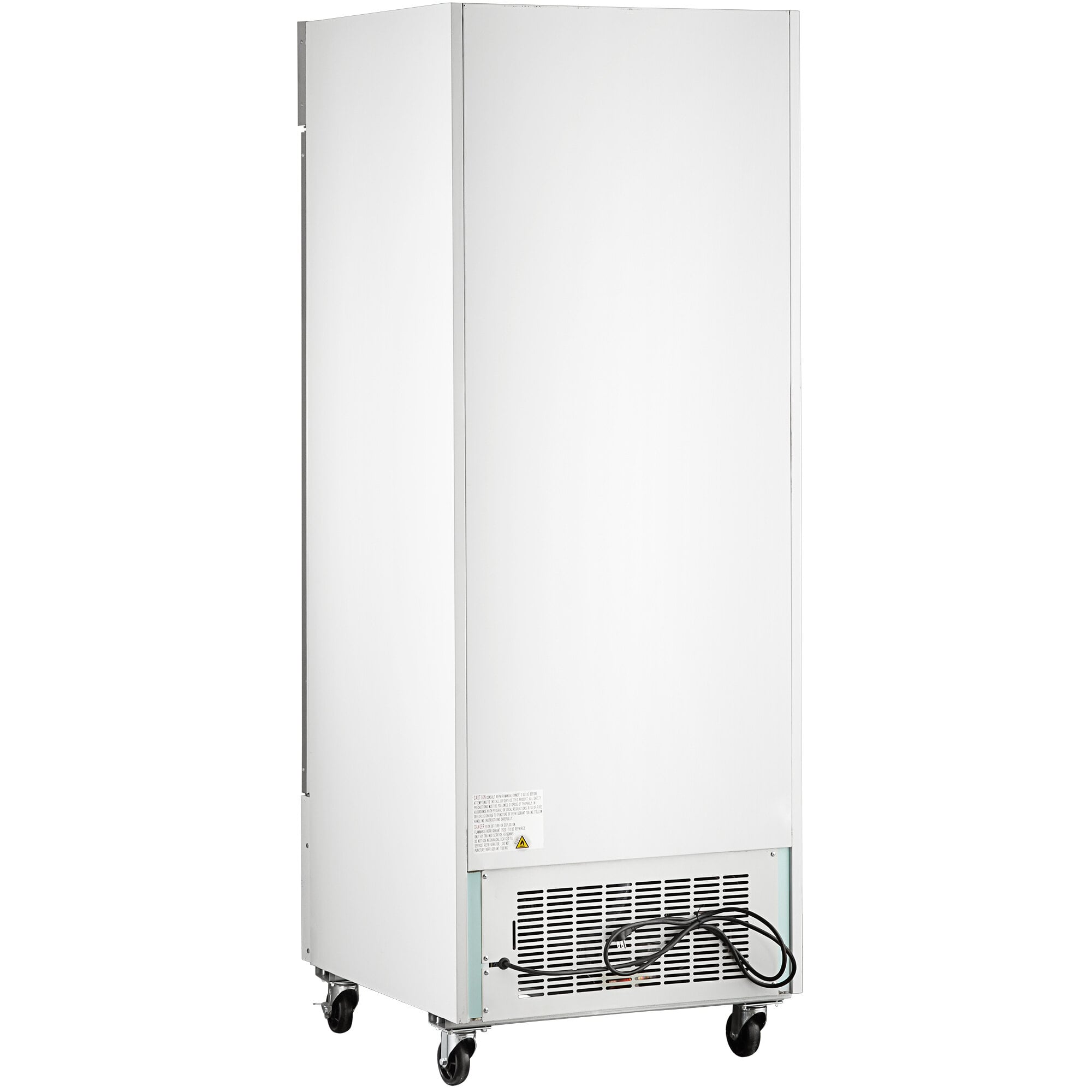An Avantco white rectangular glass door ice merchandiser with wheels.