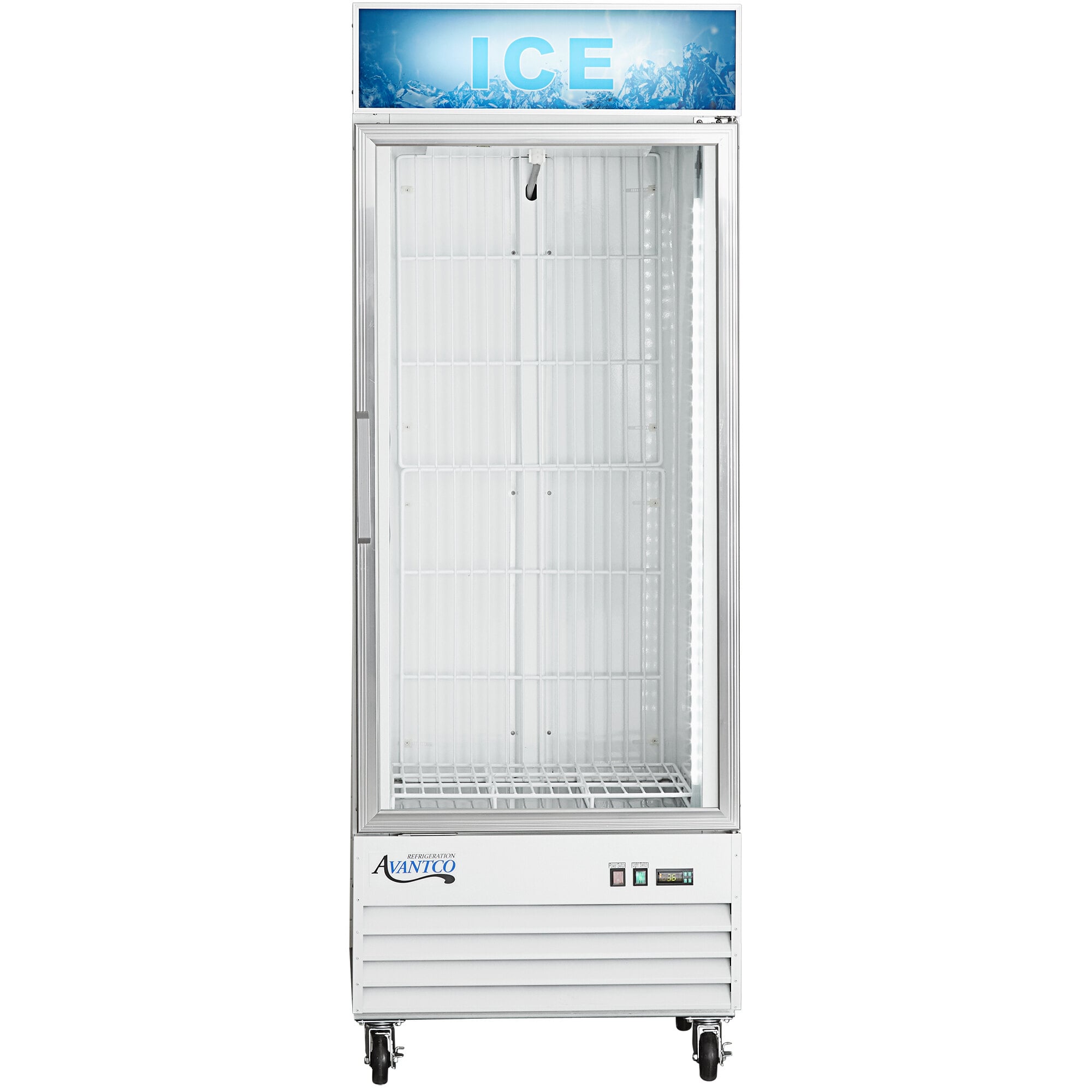 An Avantco white glass door ice merchandiser with customizable panel.